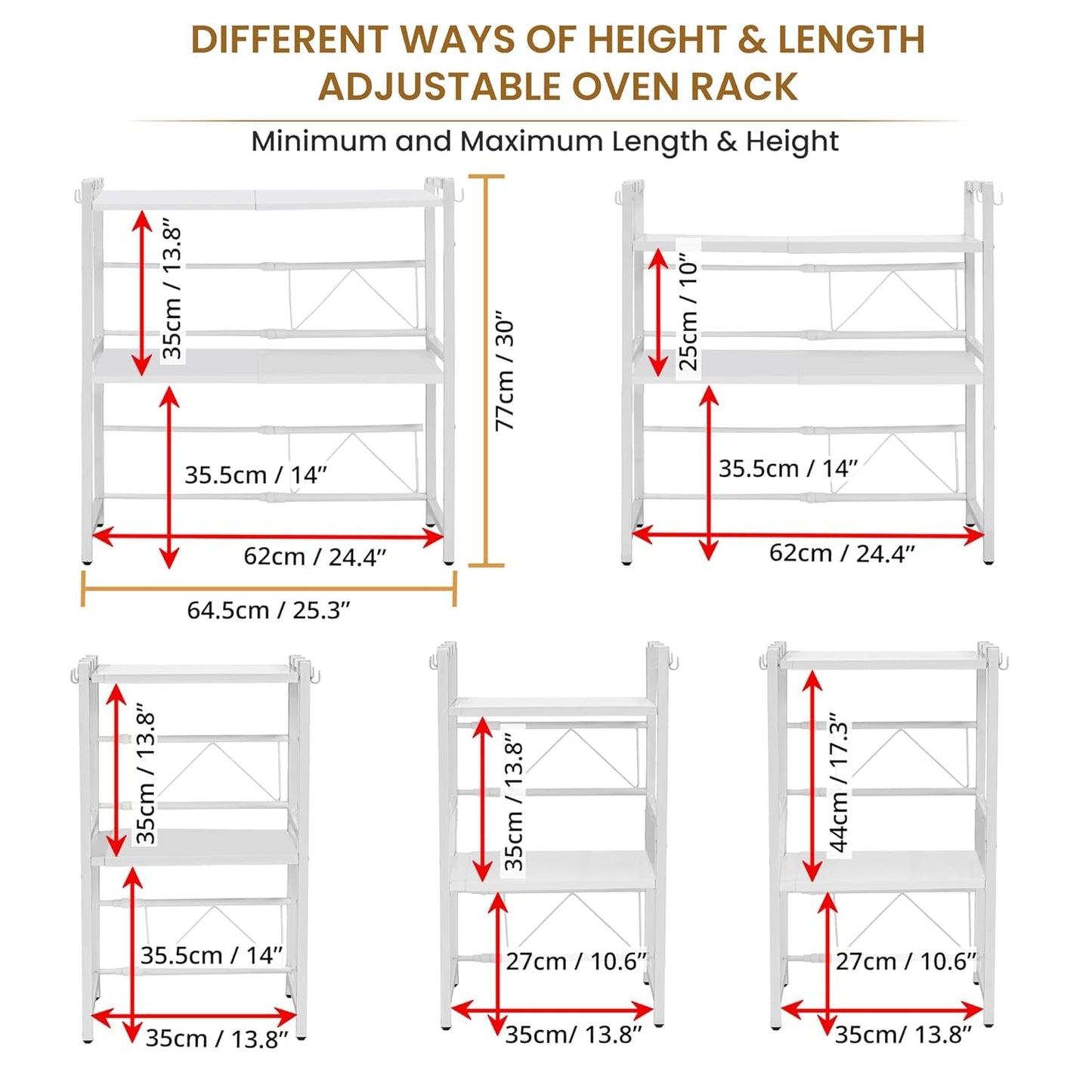 ABOUT SPACE Iron Kitchen Storage Rack -2Tier Exp&able&Height Adjustable Microwave St& With Hooks-Oven St& For Kitchen Platform-Otg St&-Countertop Microwave Oven Rack -L64.5 X B36.5 X H77 Cm