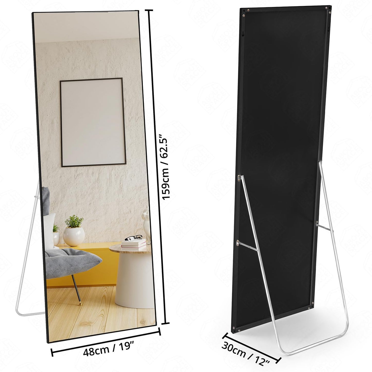 ABOUTSPACE 5ft Cheval Mirror for Wall - Square Shaped for Bedroom | Full Mirror with Stand Thin Aluminium Frame Vertical Display for Living Room, Boutique- (Black)