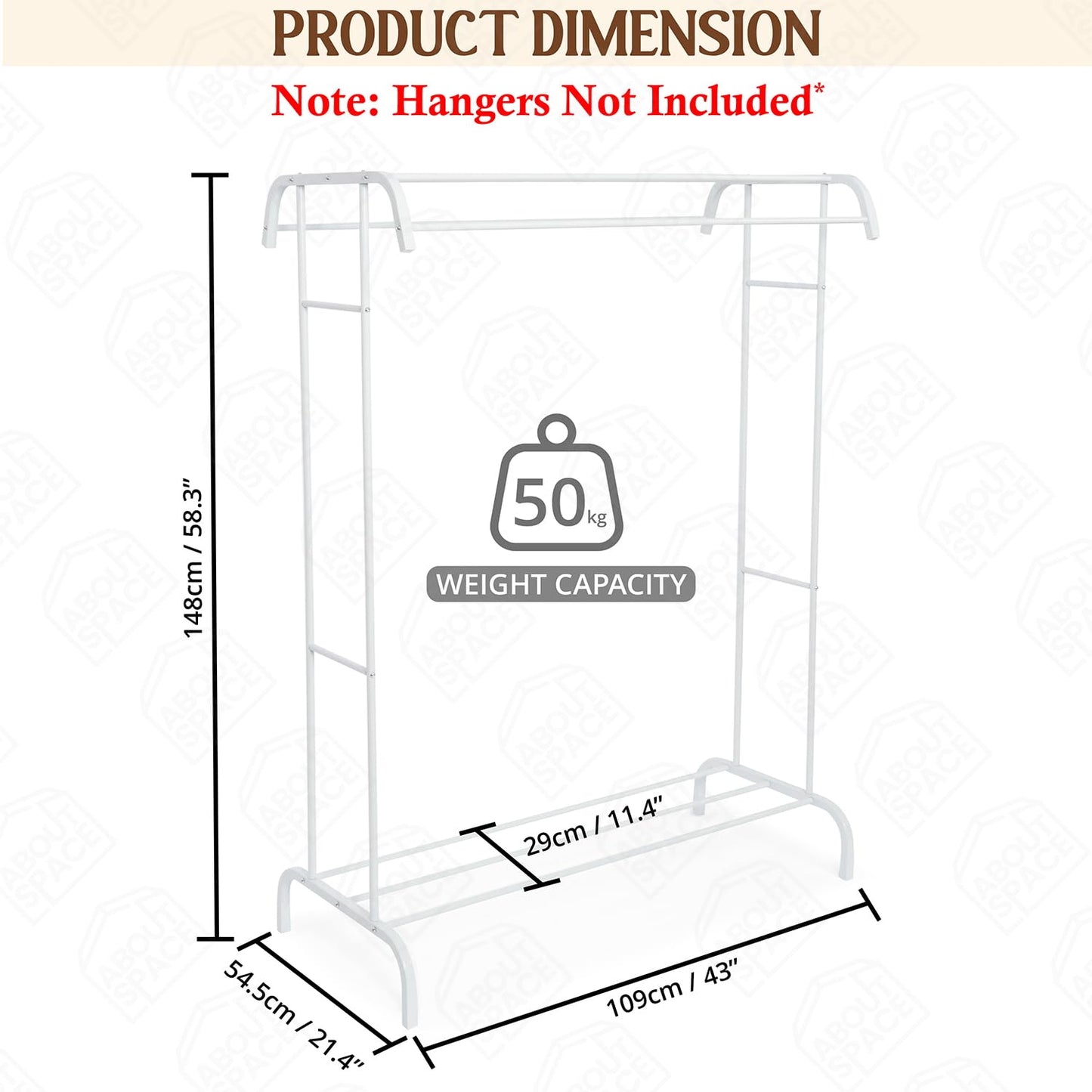 ABOUT SPACE Double Pole Double Bars Cloth Stand - Freestanding Metal Garment Rack with Sturdy Top & Bottom Storage for Shirt Blazer Kurti for Home Bedroom Living Room (White L108.5 x B 54 x H 147.5cm)