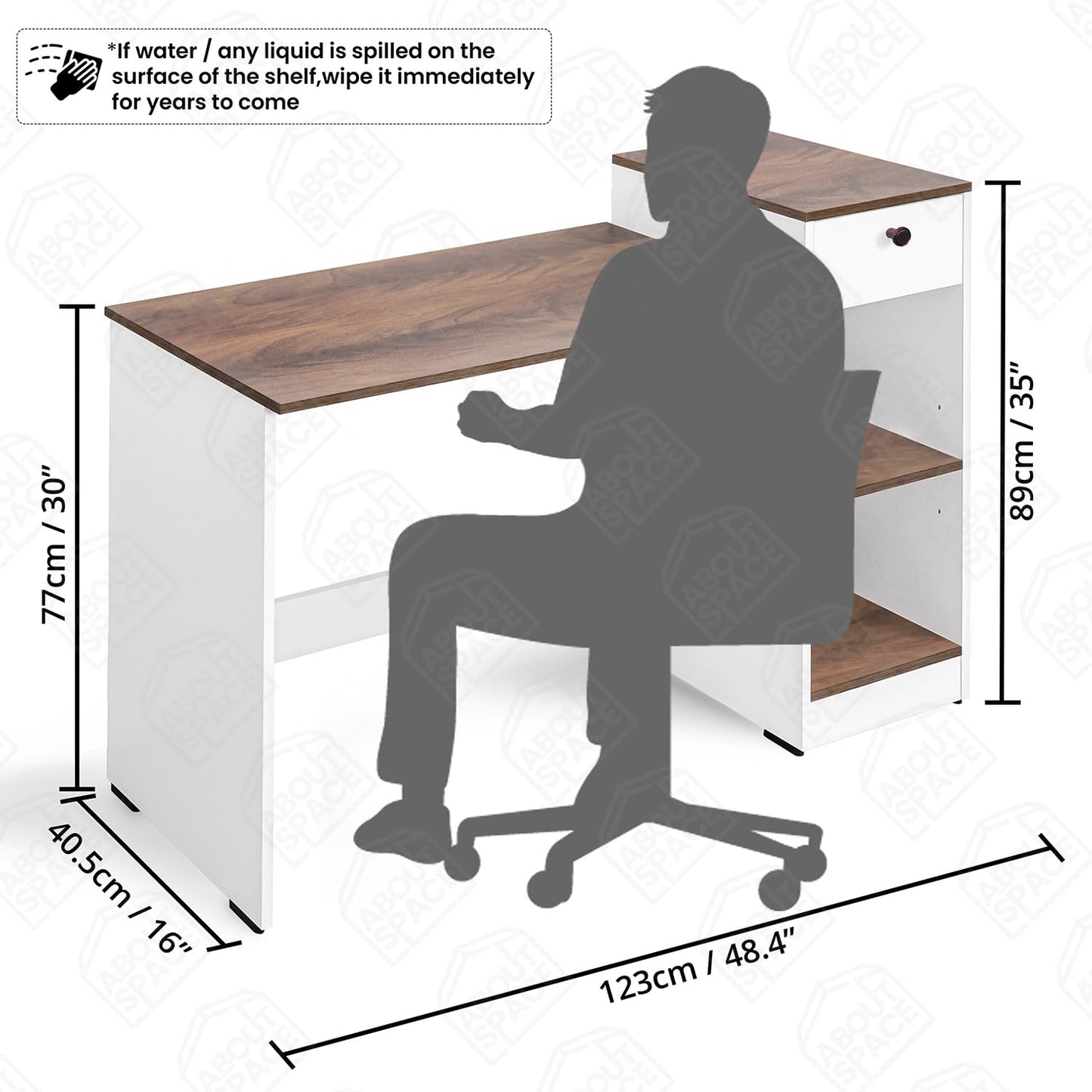 ABOUT SPACE Study Table with Drawer - Computer Table with Bottom Storage Space DIY Engineered Wood Office Desk with 2 Adjustable Shelves for PC Laptop Gaming (White, Walnut - L 123 x B 45 x H 89 cm)