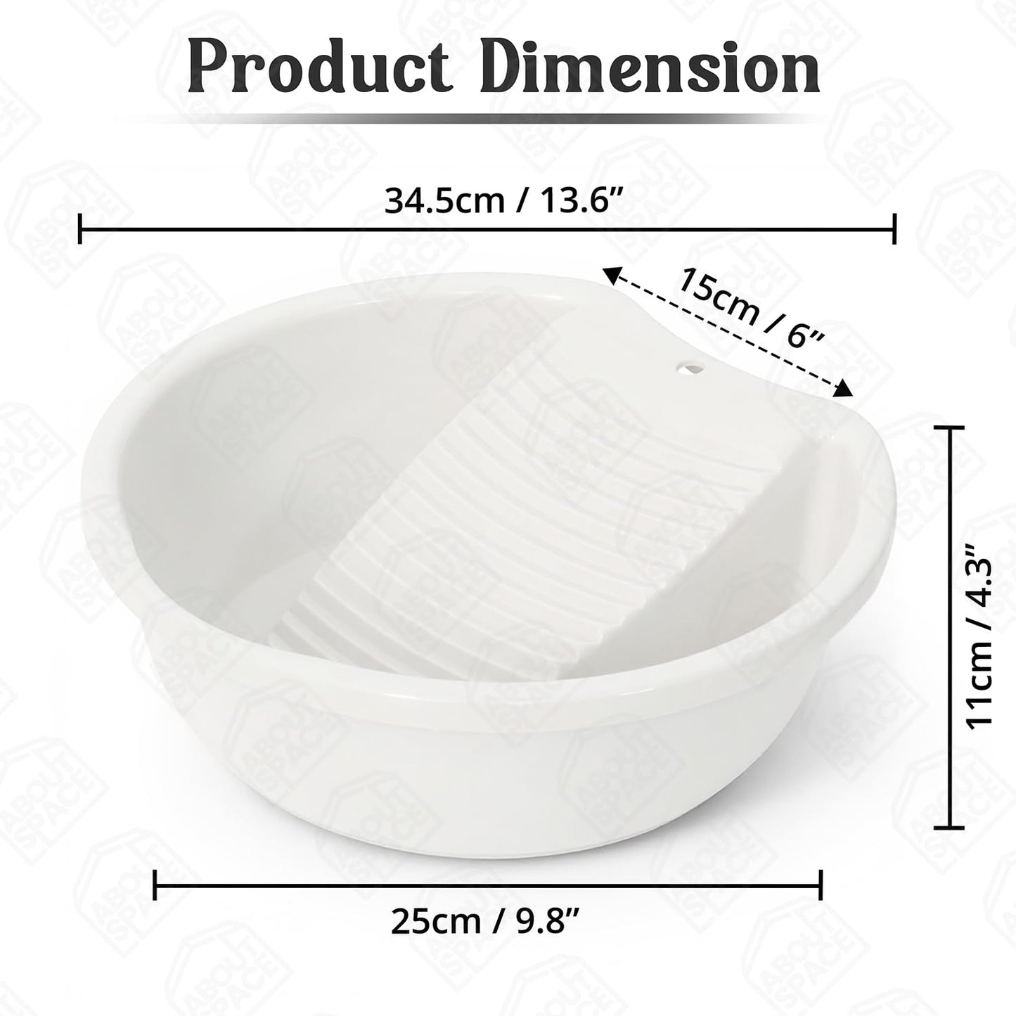 ABOUT SPACE Cloth Washing Tub - Non-Slip Handwash Tub for Clothes - Cloth Washing Tub with Washboard for Infant/Kid Clothes Shirts Hand Towels for Home - Small (White - L 34.5 x H 11 cm)