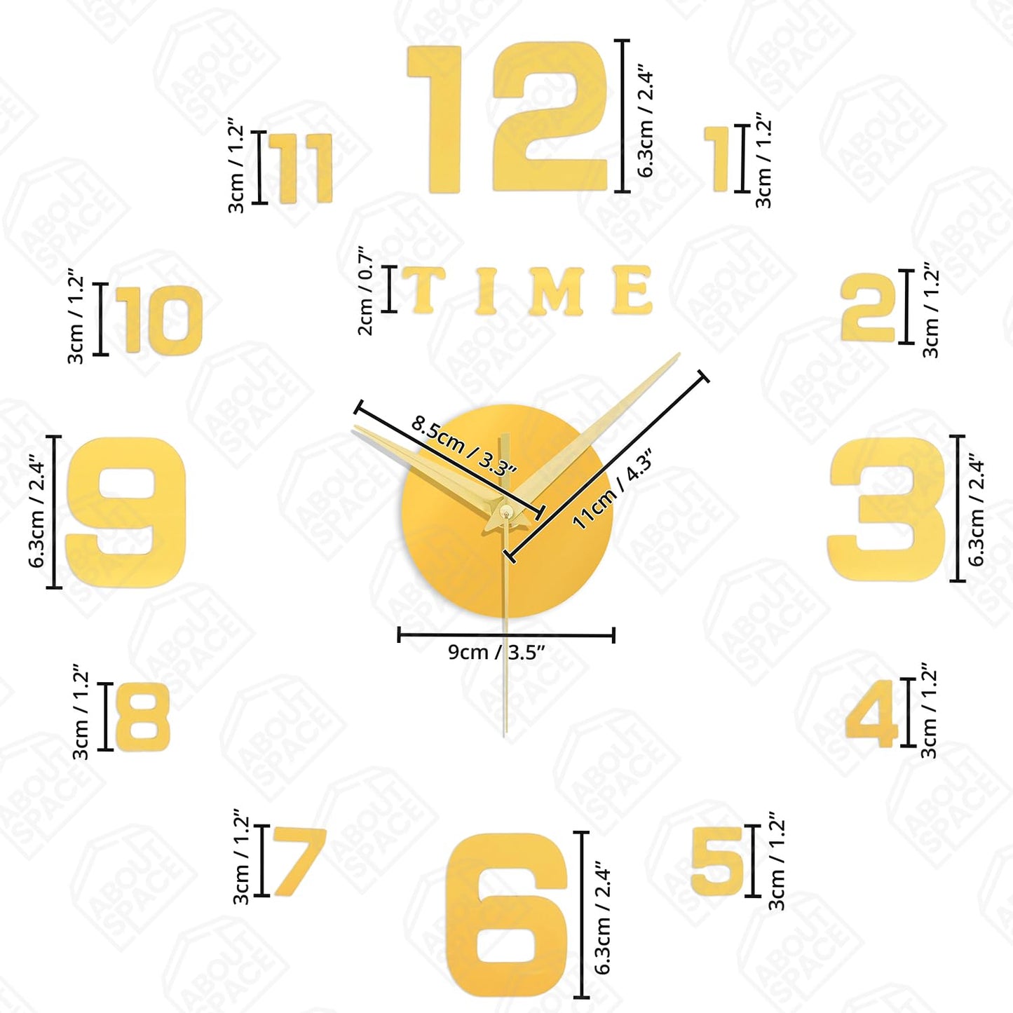 ABOUT SPACE Wall Clock - DIY Wall Sticker Clock Self Adhesive, Non-Ticking, Frameless, Acrylic Analog Watch Adjustable Size for Living Room, Bedroom, Office (Gold - Numbers)