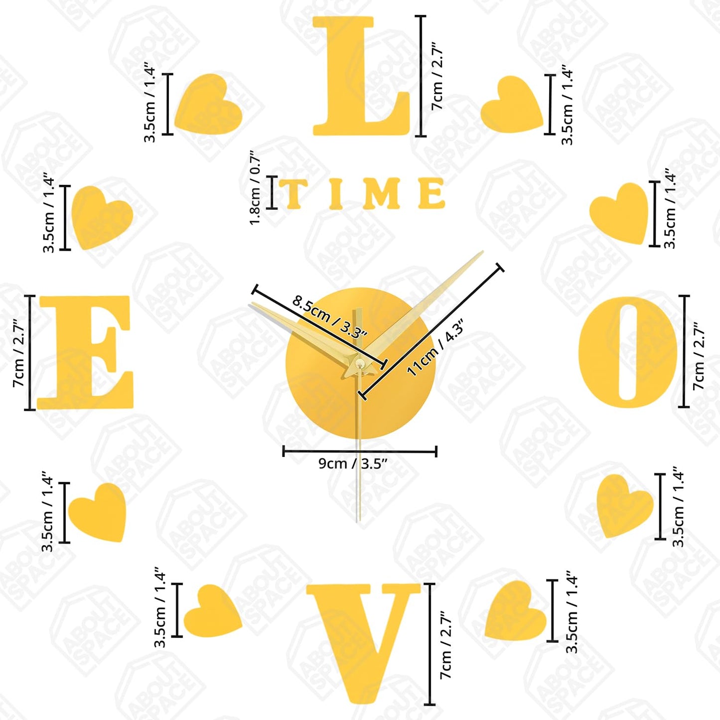 ABOUT SPACE Wall Clock - DIY Wall Sticker Clock Self Adhesive, Non-Ticking, Frameless, Acrylic Analog Watch Adjustable Size for Living Room, Bedroom, Office (Gold - Letters, Hearts)