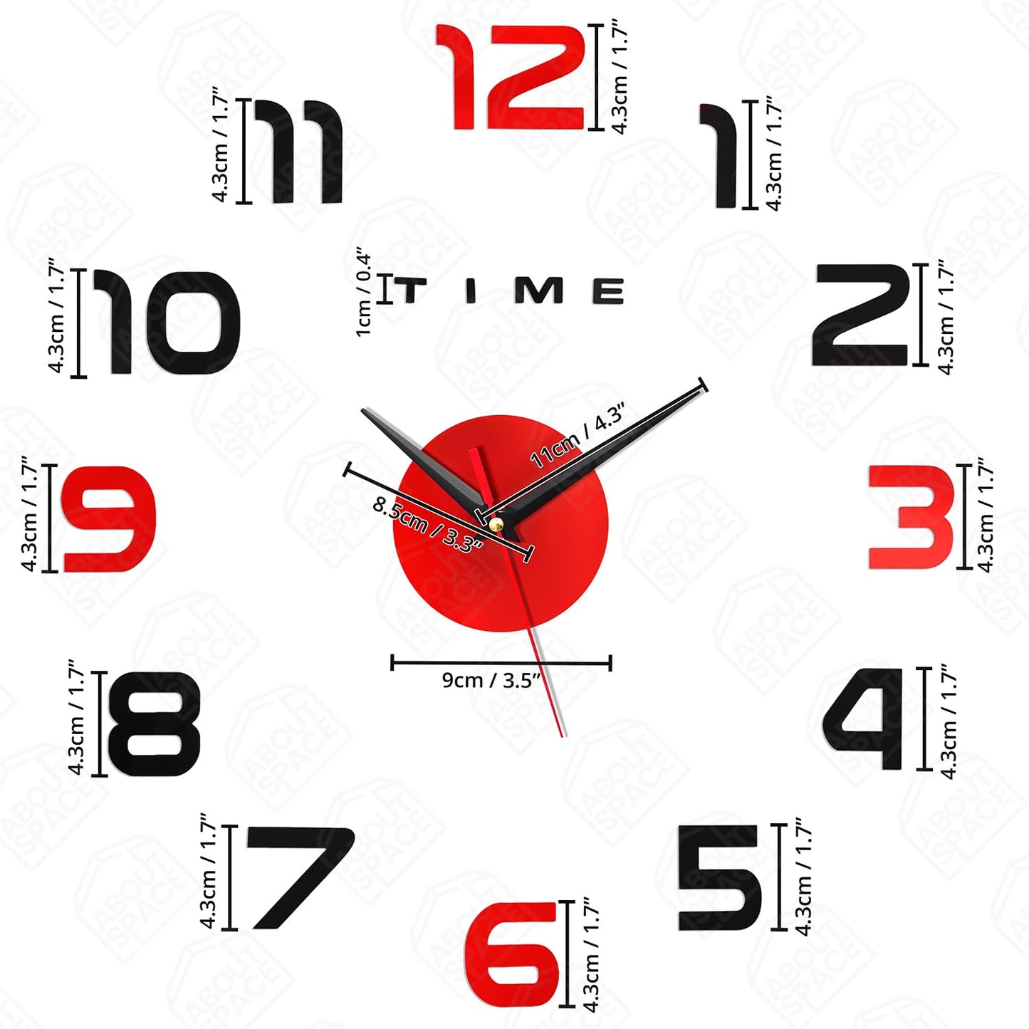 ABOUT SPACE Wall Clock - DIY Wall Sticker Clock Self Adhesive, Non-Ticking, Frameless, Acrylic Analog Watch Adjustable Size for Living Room, Bedroom, Office (Black, Red - Numbers)