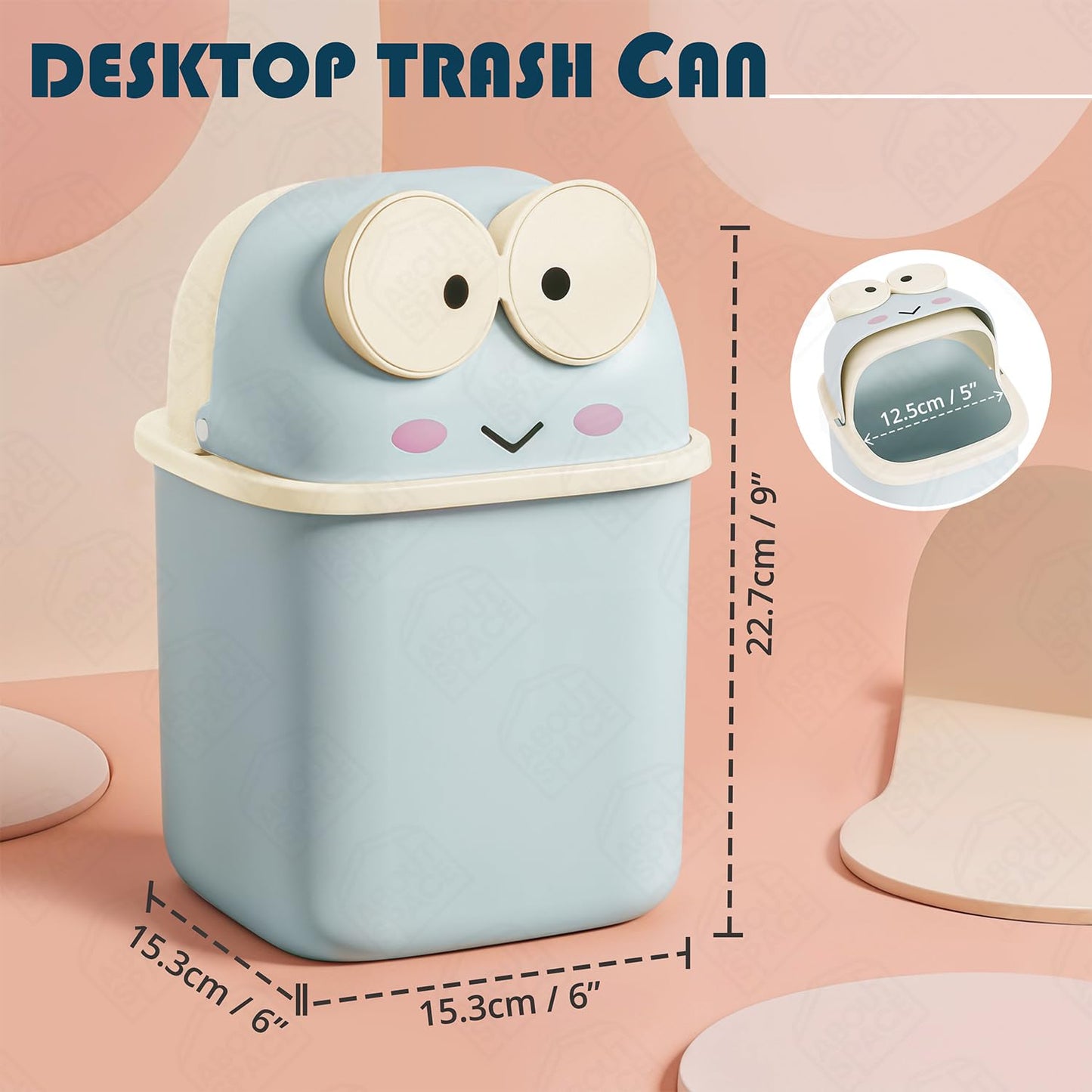 ABOUT SPACE Small Dustbin for Study Table - Mini Desktop Trash Can with Flip Lid - Garbage Bin for Office Bedroom Vanity - Big Eye Frog Shaped Small Size Table Dustbin (Blue - L15.5 x B15.5 x H 23 cm)