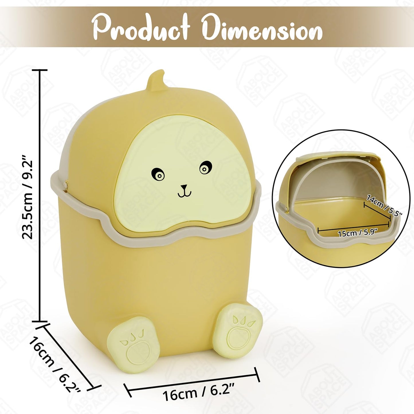 ABOUT SPACE Small Dustbin for Study Table - Mini Desktop Trash Can with Flip Lid - Garbage Bin for Office Bedroom Vanity - Cartoon Themed Small Size Table Dustbin (Yellow - L 16 x B 16 x H 23.5cm)