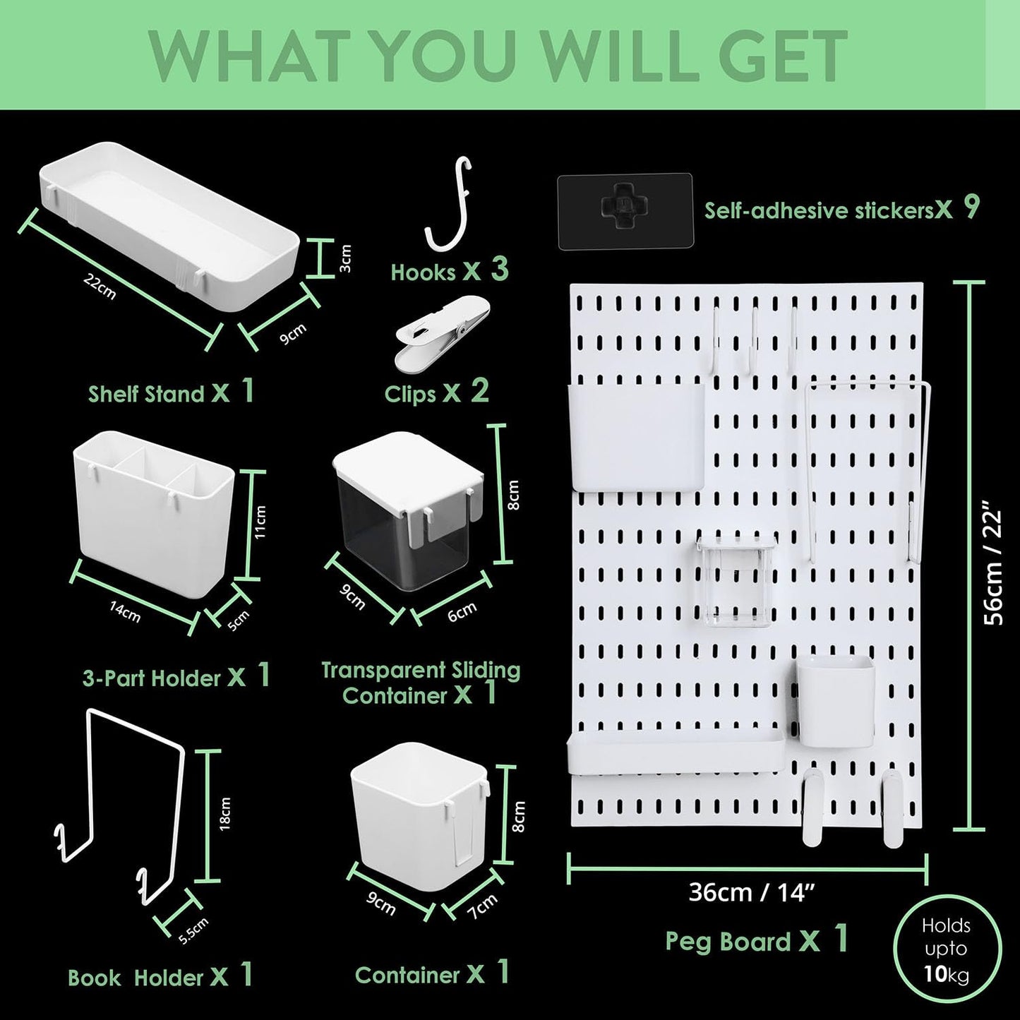 ABOUT SPACE Peg Board - Home Organizer Pegboard Wall Organizer with 10 Accessories and Self-Adhesive Stickers (L 36 x B 1 x H 56 cm)