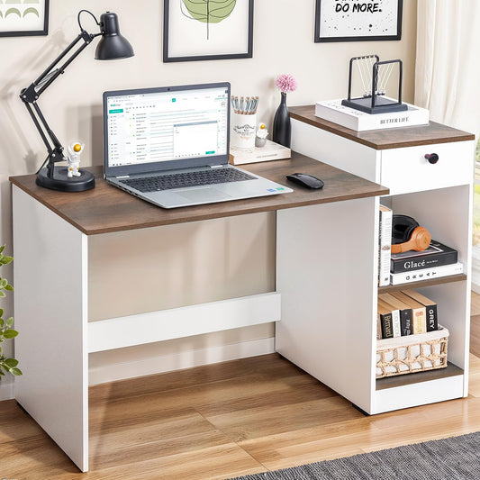 ABOUT SPACE Study Table with Drawer - Computer Table with Bottom Storage Space DIY Engineered Wood Office Desk with 2 Adjustable Shelves for PC Laptop Gaming (White, Walnut - L 123 x B 45 x H 89 cm)