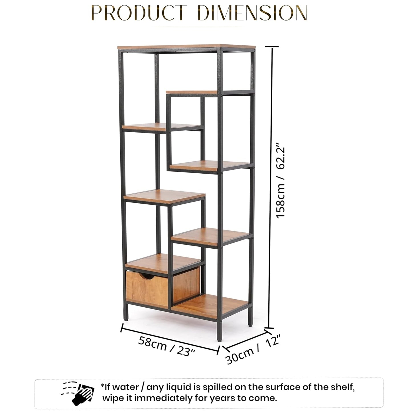 ABOUT SPACE Book Shelf for Home - 7 Shelves,1 Bottom Drawer, Modern 19mm Metal Frame|Engineered Wood Book Rack for Study Room, Book Organizer Stand for Library, Bedroom (L 58 x B 30 x H 158cm -Teak)