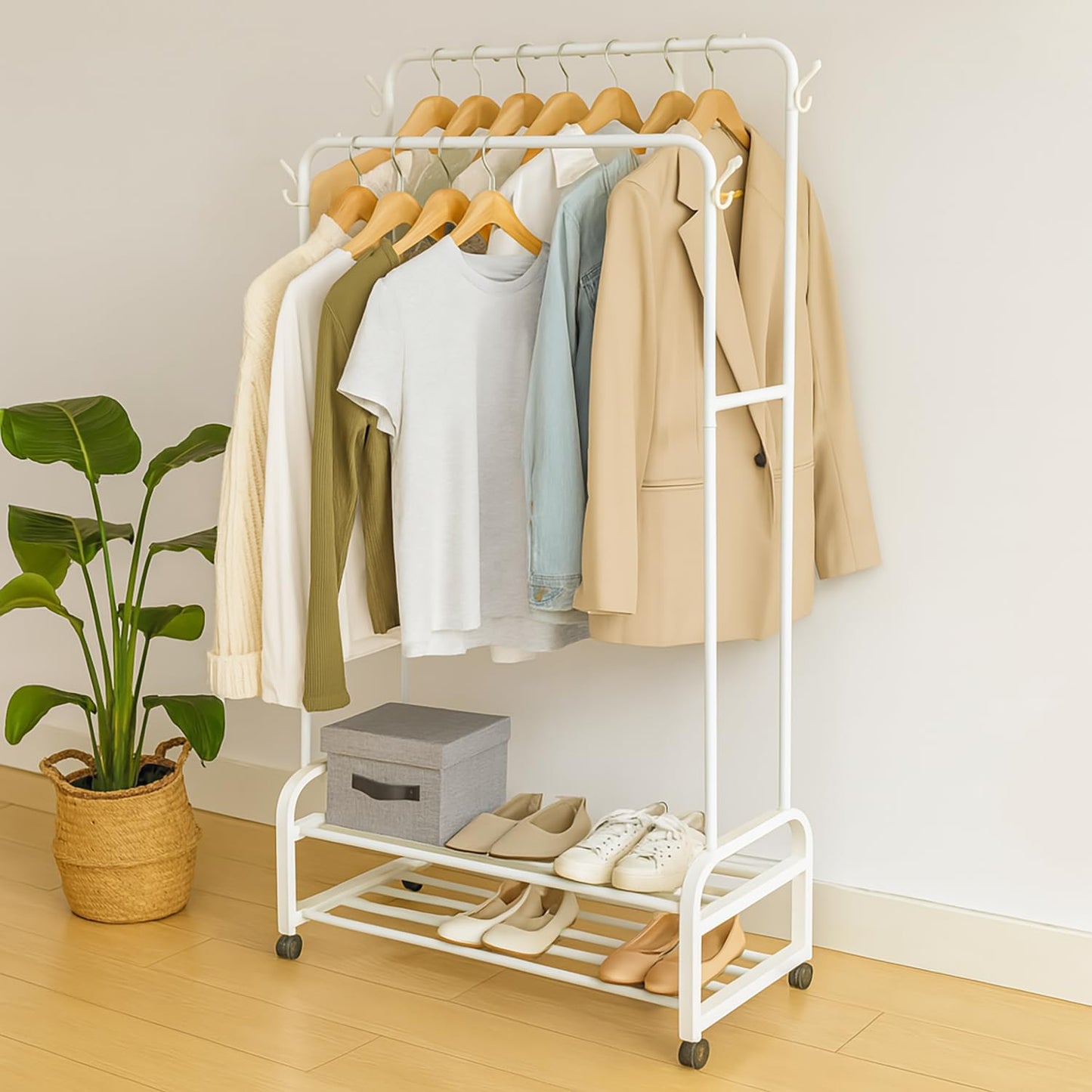 ABOUT SPACE Double Pole Double Bar Cloth Stand - Freestanding Metal Garment Rack with Caster Wheels, 2 Bottom Storage & Side Hooks - Cloth Rack for Bedroom, Living Room (White L 103 x B 51 x H 183 cm)