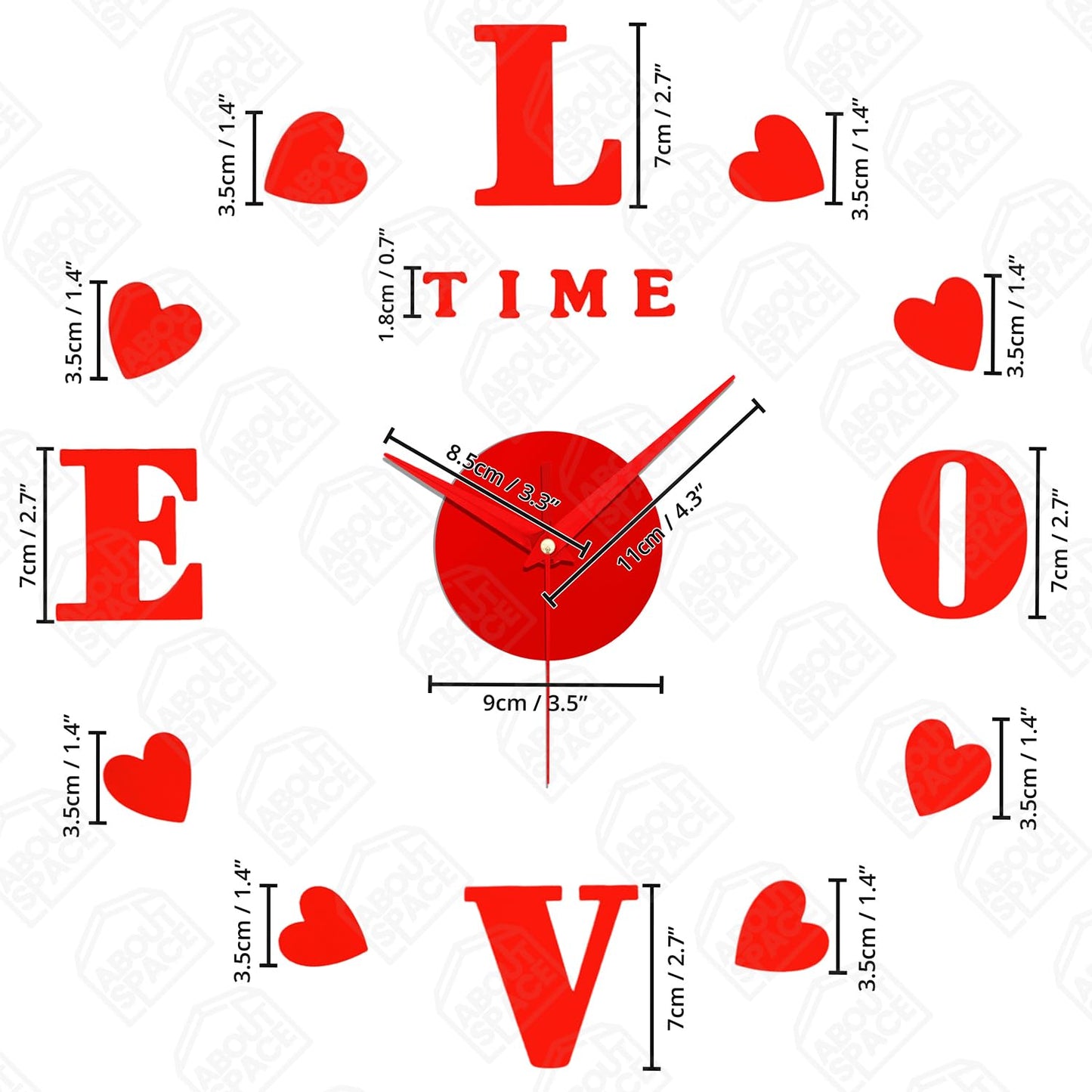 ABOUT SPACE Wall Clock - DIY Wall Sticker Clock Self Adhesive, Non-Ticking, Frameless, Acrylic Analog Watch Adjustable Size for Living Room, Bedroom, Office (Red - Letters, Hearts)