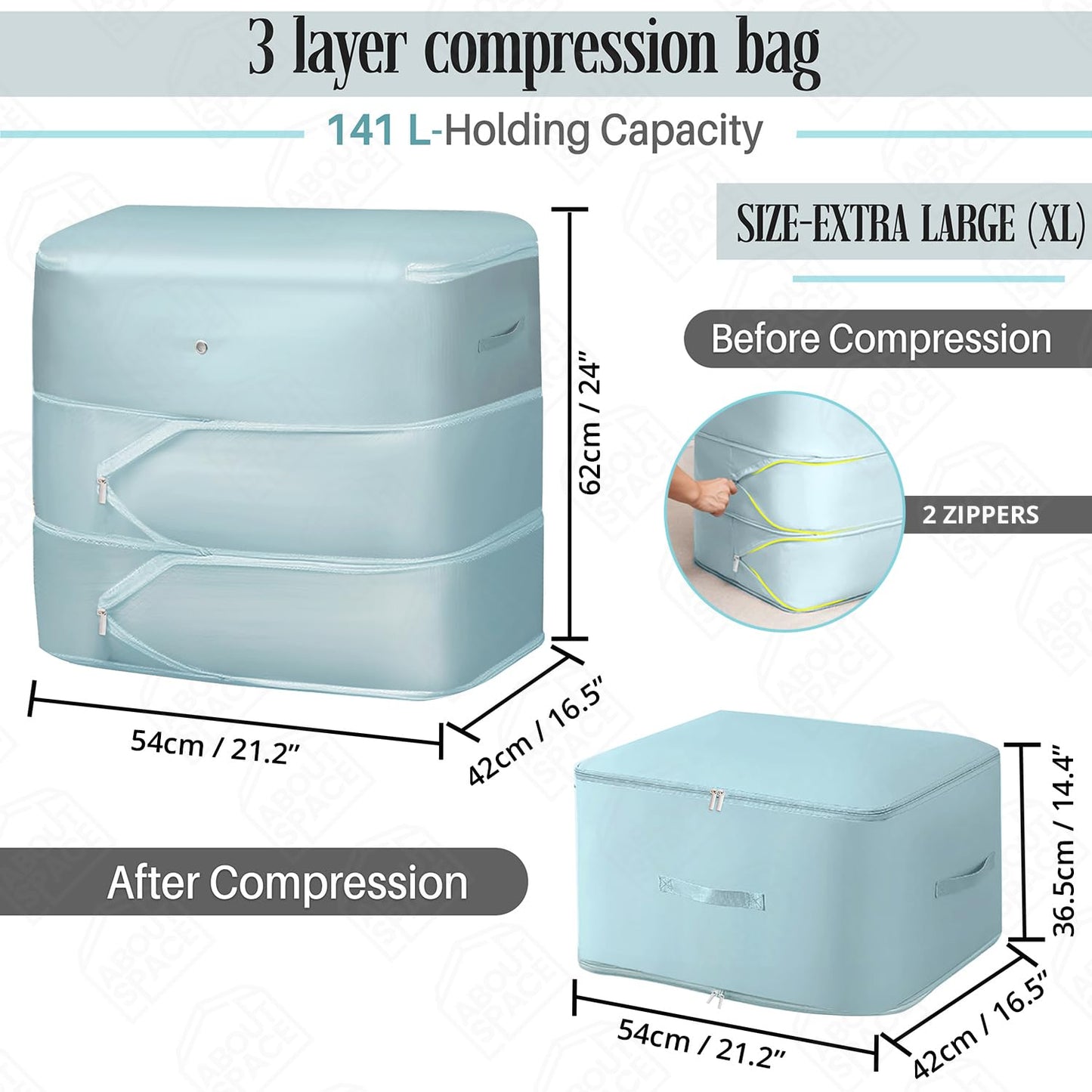 ABOUT SPACE Ultra Space Saving Self Compression Organizer - 141 L Vacuum Storage Bags - Packing Vaccine Bags for Clothes with 2 Layer Zipper Airtight Reusable - (Blue- XL - L 54 x B 42 x H 62 cm)