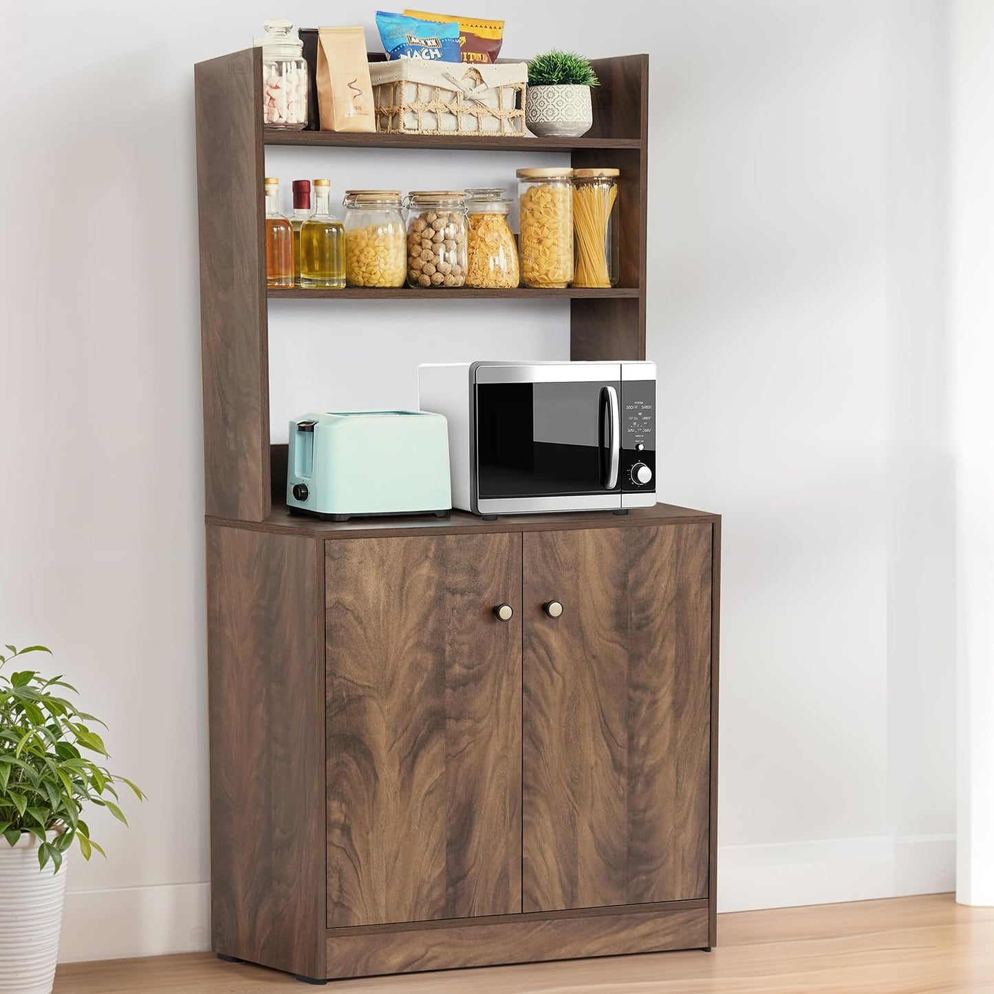 ABOUT SPACE 5 Tier Kitchen Organizer Rack - 5.5 ft Wooden Kitchen Cabinet with 3 Open Shelves & 2 Storage Rack with Door, Easy to Assemble for Home Living Room (Walnut - L 80 x B 40 x H 163 cm)