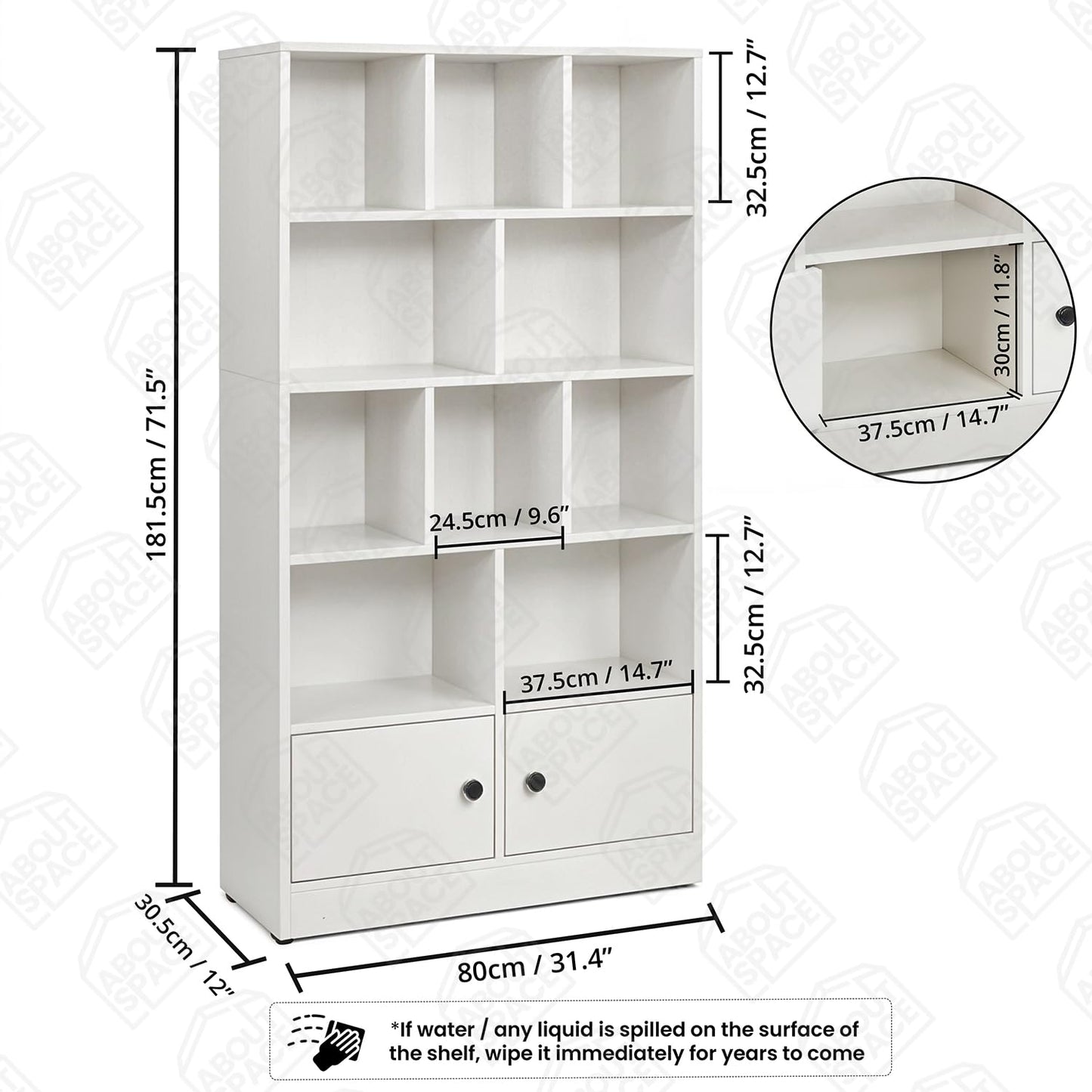 ABOUT SPACE Book Shelf for Home - 10 Shelves with Bottom Closed Compartment, Engineered Wood Book Rack for Study Room, Book Organizer Stand for Library, Living Room, (L 80 x B 30.5 x H 181.5cm -White)