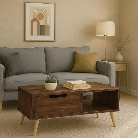 ABOUT SPACE Center Table - Space Saving Coffee Table for Living Room with Drawer & Storage Compartment Engineered Wood DIY Teapoy with Metal Legs for Home, Office (Walnut - L 91.5 x B 46 x H 46 cm)