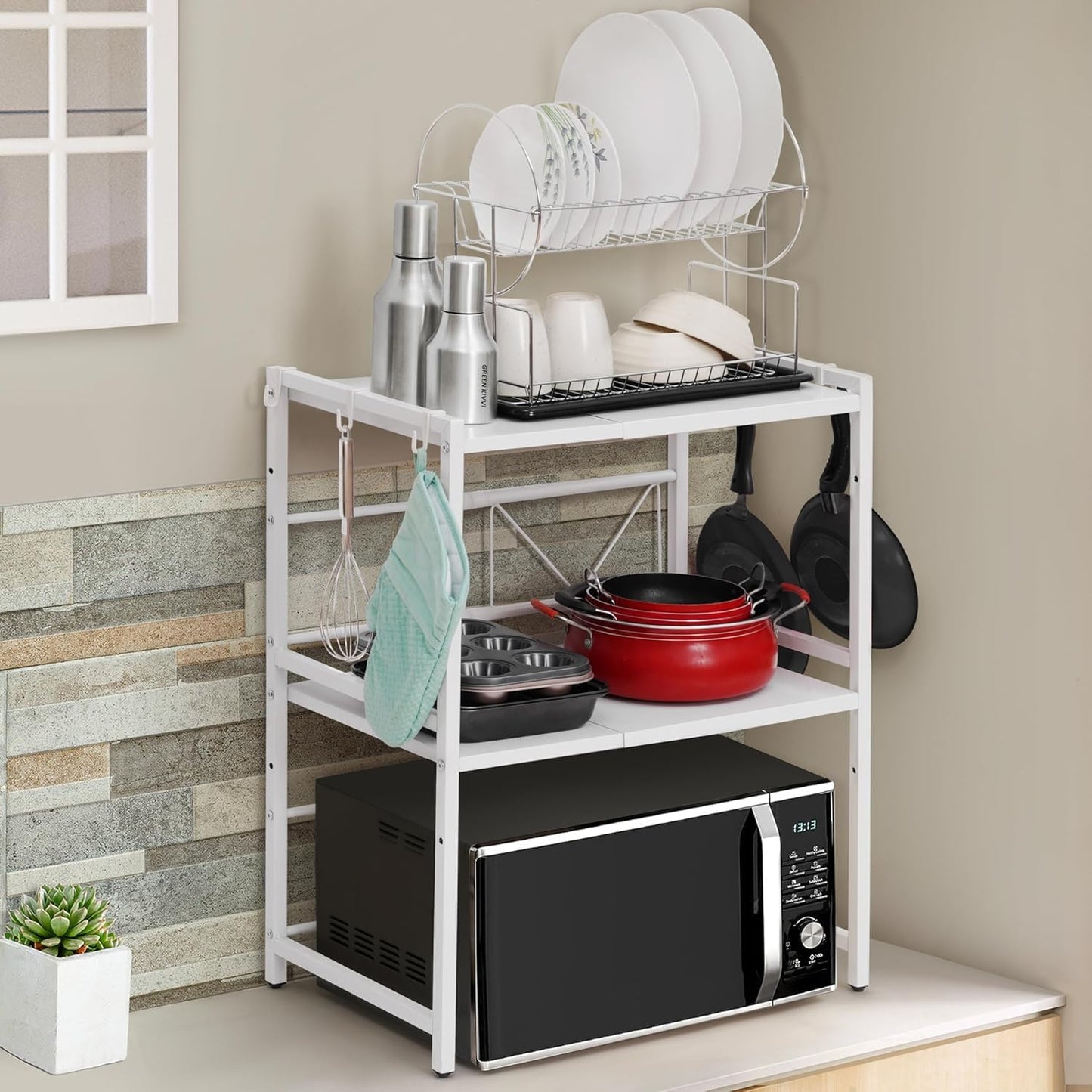 ABOUT SPACE Iron Kitchen Storage Rack -2Tier Exp&able&Height Adjustable Microwave St& With Hooks-Oven St& For Kitchen Platform-Otg St&-Countertop Microwave Oven Rack -L64.5 X B36.5 X H77 Cm