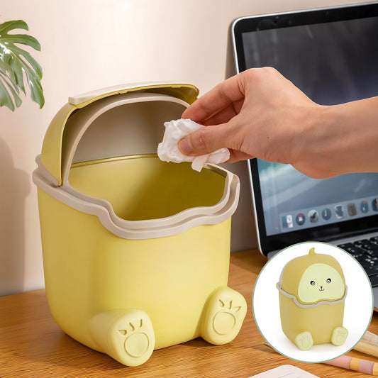 ABOUT SPACE Small Dustbin for Study Table - Mini Desktop Trash Can with Flip Lid - Garbage Bin for Office Bedroom Vanity - Cartoon Themed Small Size Table Dustbin (Yellow - L 16 x B 16 x H 23.5cm)