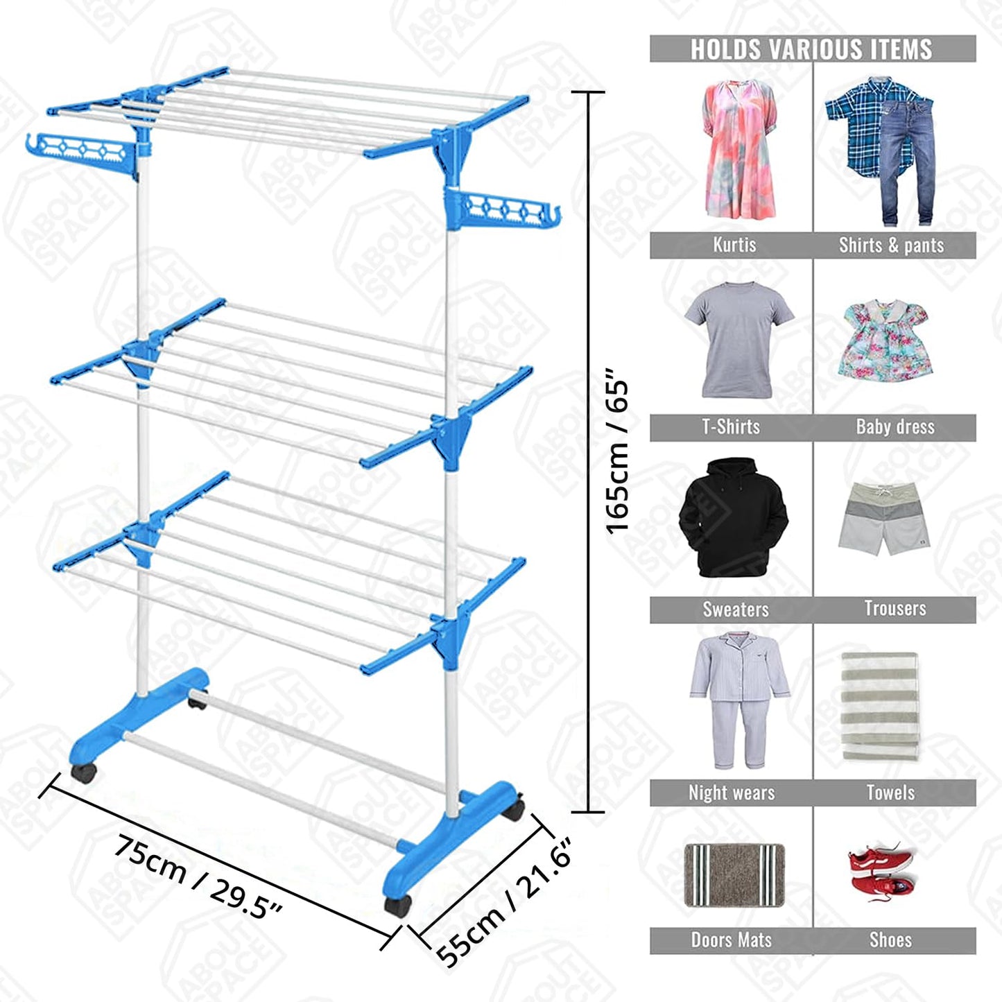 ABOUT SPACE 6 ft Clothes Drying Stand - 3 Layer Foldable Cloth Dryer Stand, Portable with Castor Wheels, 24 Hanger Rods & 2 Wings - Anti Rust Steel Sturdy Pole (Blue)