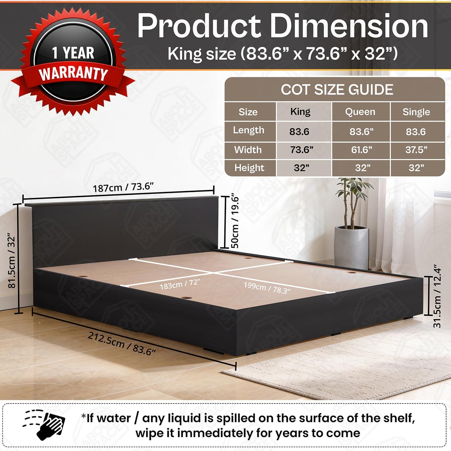 ABOUT SPACE Bed - (84 x 74 inches) King Size Bed with Storage Box & Headboard| Floor Standing Engineered Wooden Bed Frame, MDF Base Panel | 1-Year Warranty Cot for Bedroom - Smoked Pine