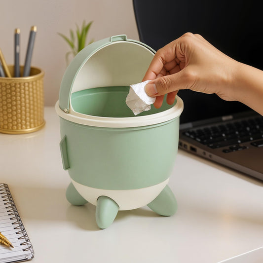 ABOUT SPACE Small Dustbin for Study Table - Mini Desktop Trash Can with Flip Lid - Garbage Bin for Office Bedroom Vanity - Rocket Shaped Small Size Table Dustbin (Green - L 15 x B 15 x H 21.5cm)