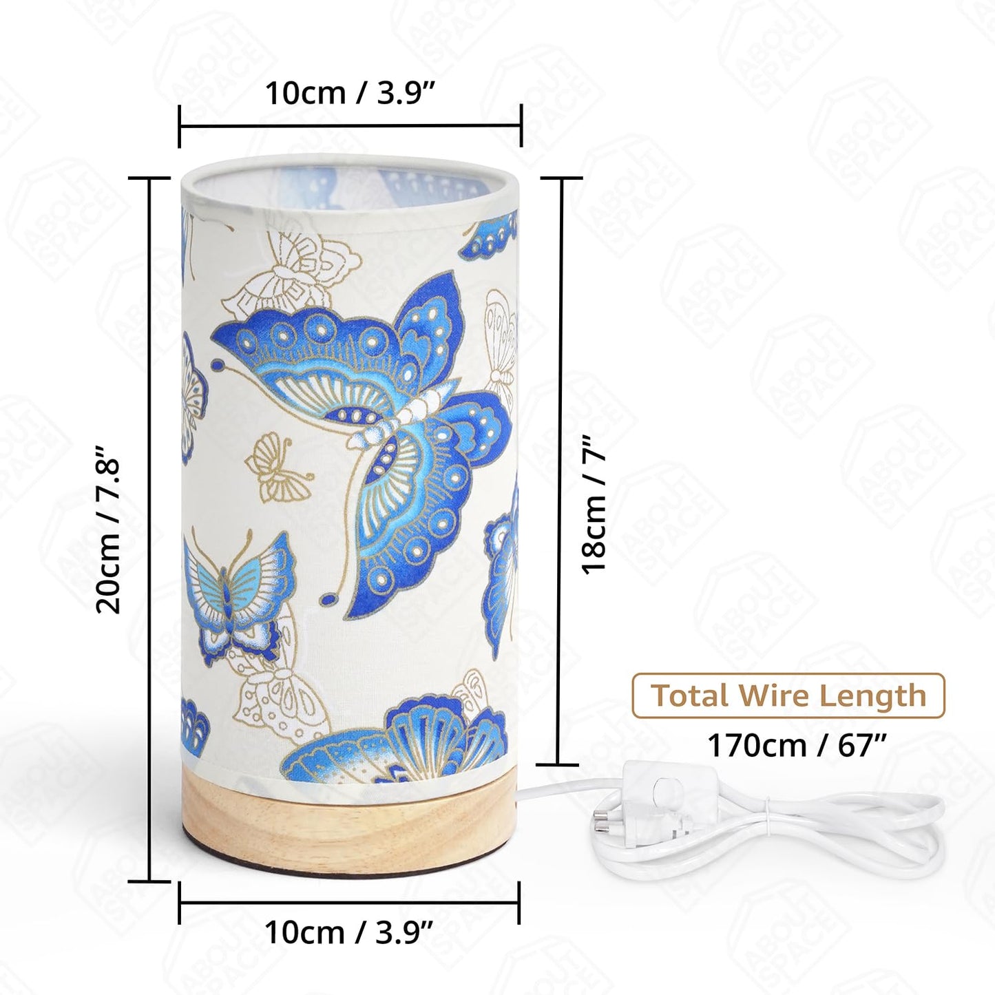 ABOUT SPACE Night Lamp - Butterfly Themed Bedside Reading Lamp with Wooden Base for Night, Bed Room, Living Room, Home & Decor- Drum Lamp Shades for Living Room with Light (Bulb Included)