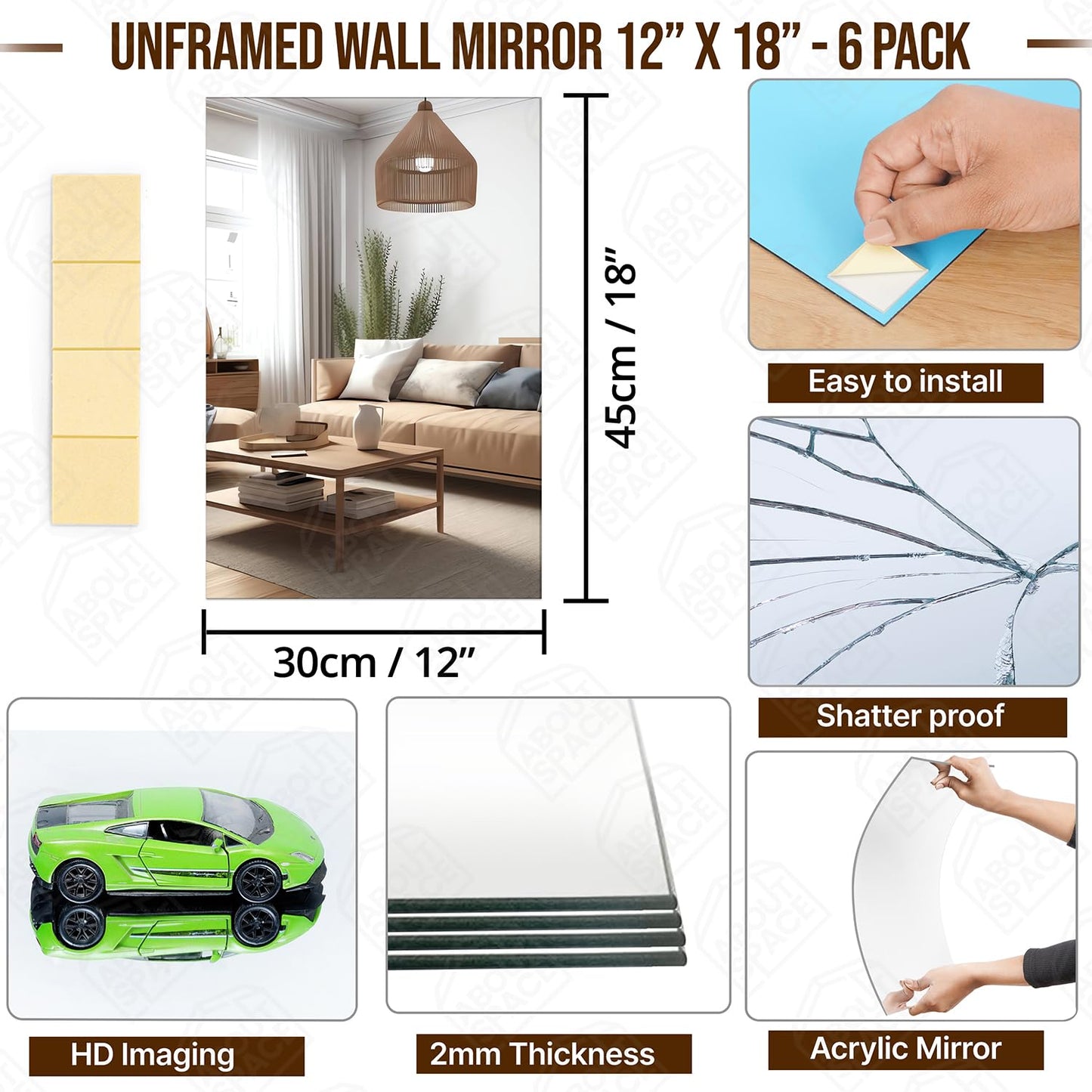 ABOUT SPACE 6 Pcs Full Length Glass Mirror for Wall 18 x12 Inch Acrylic Wall Mirror with Double Tape Frameless Flexible Entryway Washbasin Bedroom Home Gym Bathroom Vanity Mirror (45 x 30 cm)