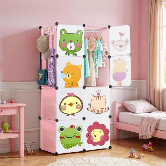 ABOUT SPACE Kids Wardrobe - DIY 8 Cube Kids Almirah with Cartoon Door, Side Hanger, Cloth Hanger, Door Magnet & Hamer - Collapsible Baby Clothes Organizer| Storage for Baby Clothes Boys Girls - Pink