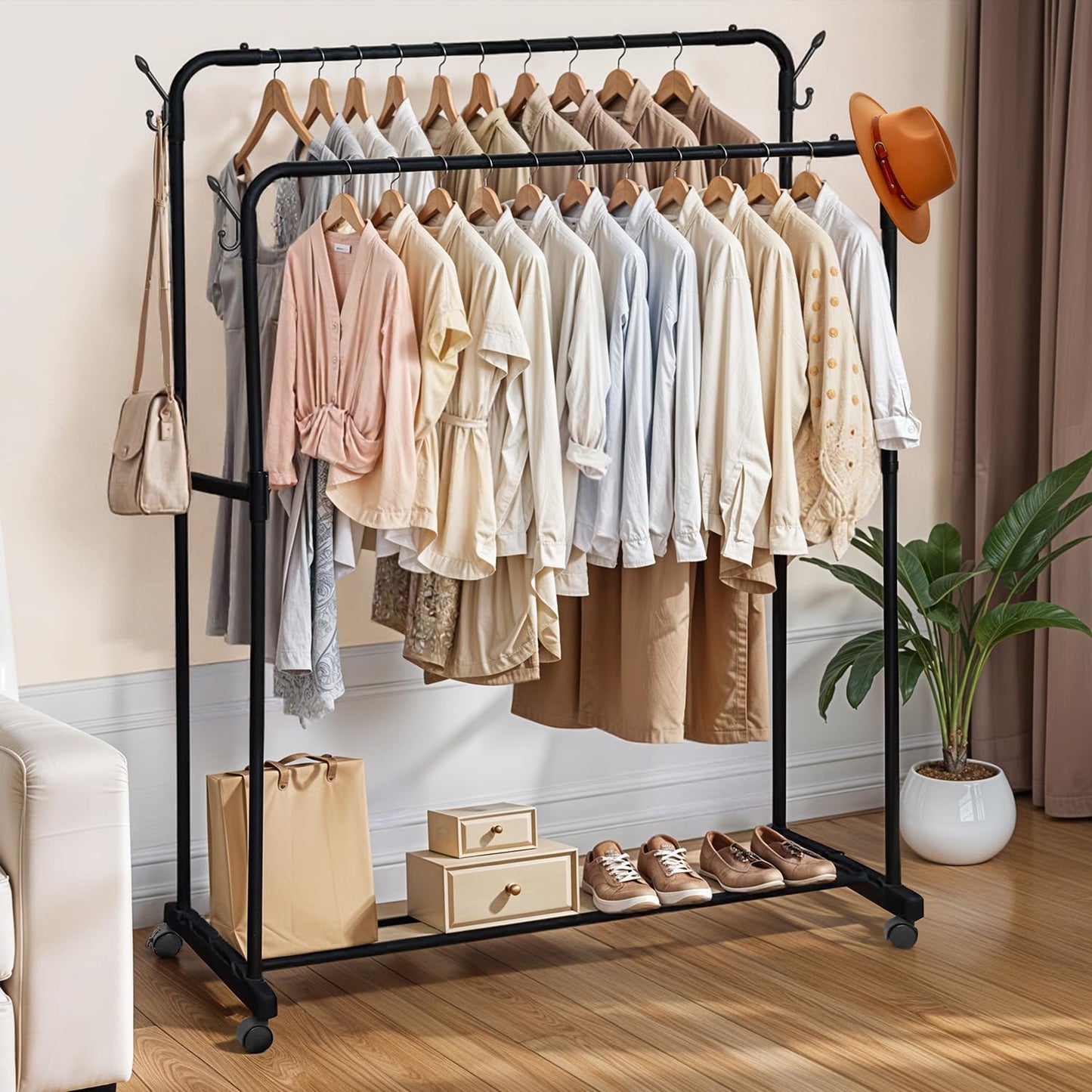 ABOUT SPACE Double Pole 2 Layer Bars Cloth Stand - Freestanding Metal Garment Rack with Bottom Storage, Side Hooks & Caster Wheels - Cloth Rack for Bedroom Living Room (Black L119 x B40 x H 148cm)