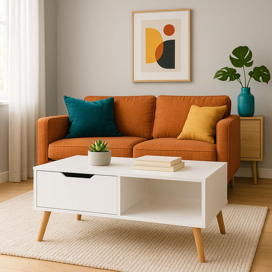 ABOUT SPACE Center Table - Space Saving Coffee Table for Living Room with Drawer & Storage Compartment Engineered Wood DIY Teapoy with Metal Legs for Home, Office (White - L 91.5 x B 46 x H 46 cm)