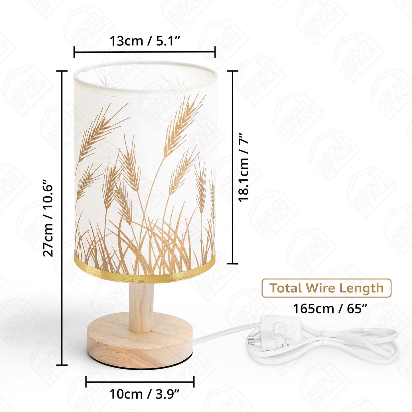 ABOUT SPACE Night Lamp - Wheat Themed Bedside Reading Lamp with Wooden Base for Night, Bed Room, Living Room, Home & Decor- Cylindrical Lamp Shades for Living Room with Light (Bulb Included)