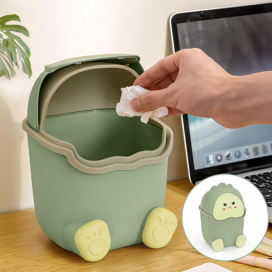 ABOUT SPACE Small Dustbin for Study Table - Mini Desktop Trash Can with Flip Lid - Garbage Bin for Office Bedroom Vanity - Cartoon Themed Small Size Table Dustbin (Green - L 16 x B 16 x H 24 cm)