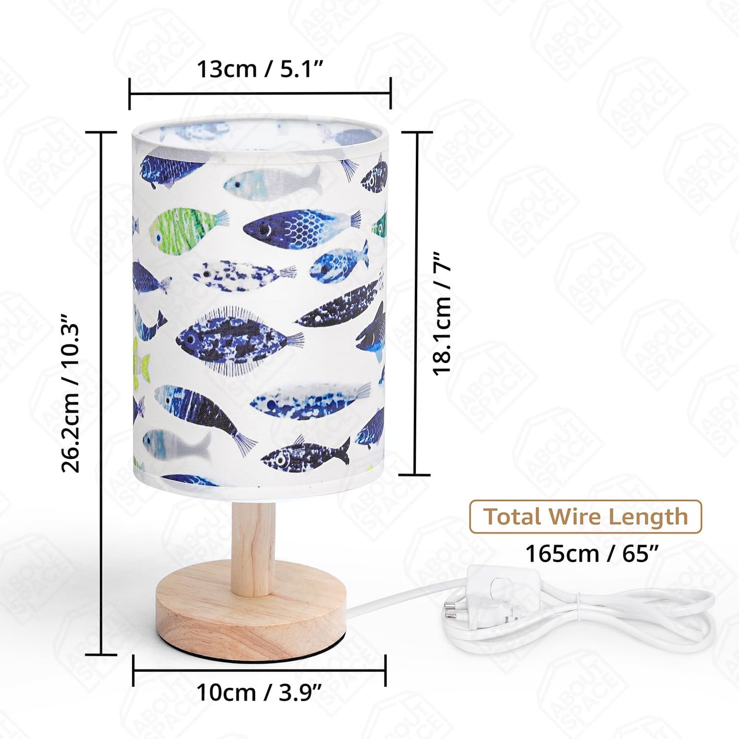 ABOUT SPACE Night Lamp - Fish Themed Bedside Reading Lamp with Wooden Base for Night, Bed Room, Living Room, Home & Decor- Cylindrical Lamp Shades for Living Room with Light (Bulb Included)