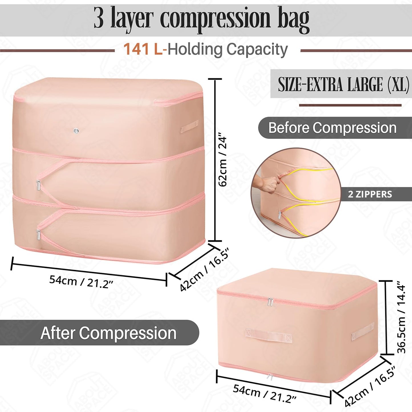 ABOUT SPACE Ultra Space Saving Self Compression Organizer - 141 L Vacuum Storage Bags - Packing Vaccine Bags for Clothes with 2 Layer Zipper Airtight Reusable - (Pink - XL - L 54 x B 42 x H 62 cm)