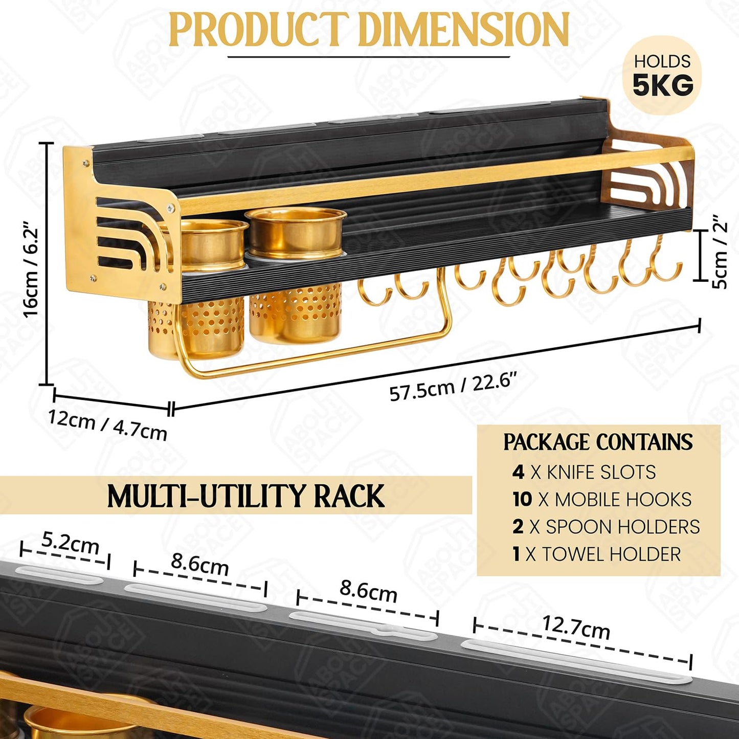 ABOUT SPACE Kitchen Organizer Rack - Wall Mount Aluminium Wall Hanging Shelves - Hooks for Ladles Spoons Pans Cutlery Spice Organiser with Towel & Knife Holder( Black, Gold- L 57.5 x B 12 x H 16 cm)