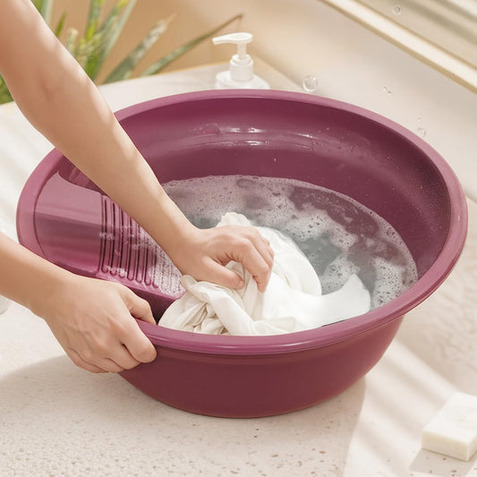 ABOUT SPACE Cloth Washing Tub - Non-slip Handwash Tub for Clothes - Cloth Washing Tub with Washboard for Infant/Kid Clothes Shirts Hand Towels for Home - Large (Pink - L 49.5 x H 17 cm)