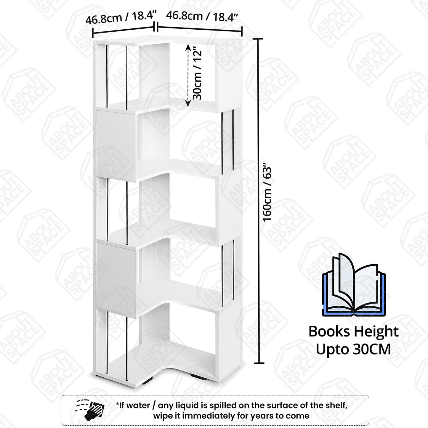 ABOUT SPACE 5ft Book Shelf - L Shape Corner Shelf for Living Room with Curved Edges & Steel Bar | Book Rack for Study Room, Bedroom Home Library Wooden Corner Rack (White -L 46.5 x B 46.5 x H 160cm)