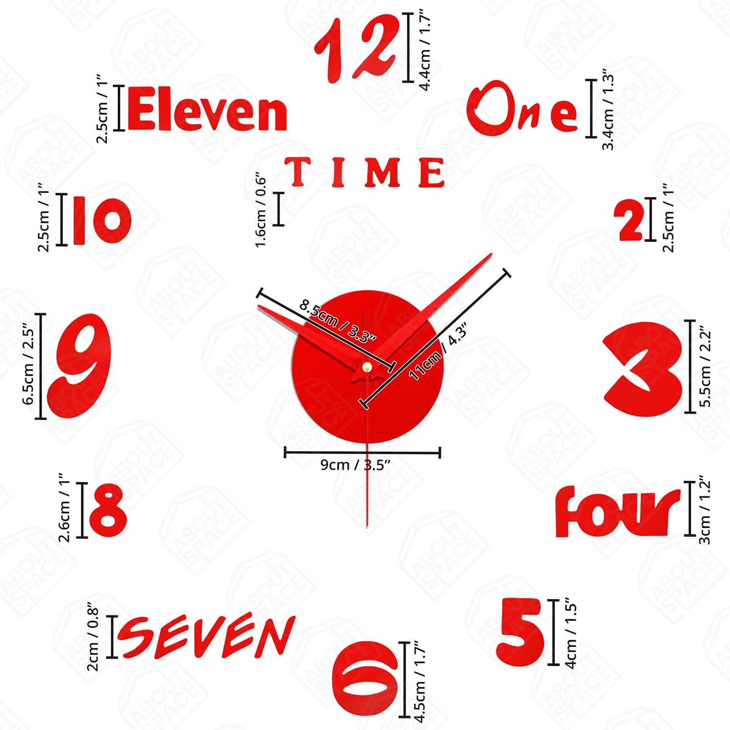 ABOUT SPACE Wall Clock - DIY Wall Sticker Clock Self Adhesive, Non-Ticking, Frameless, Acrylic Analog Watch Adjustable Size for Living Room, Bedroom, Office (Red - Numbers, Words)