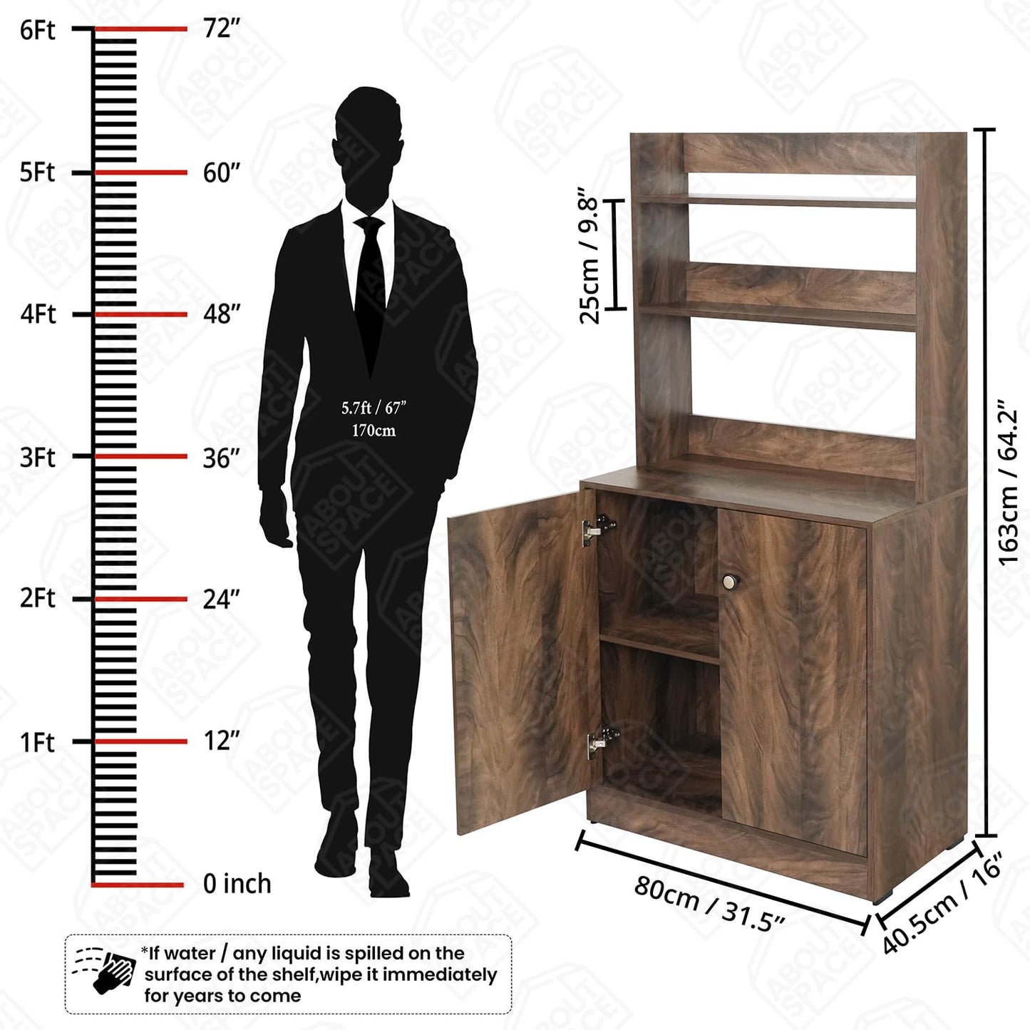 ABOUT SPACE 5 Tier Kitchen Organizer Rack - 5.5 ft Wooden Kitchen Cabinet with 3 Open Shelves & 2 Storage Rack with Door, Easy to Assemble for Home Living Room (Walnut - L 80 x B 40 x H 163 cm)