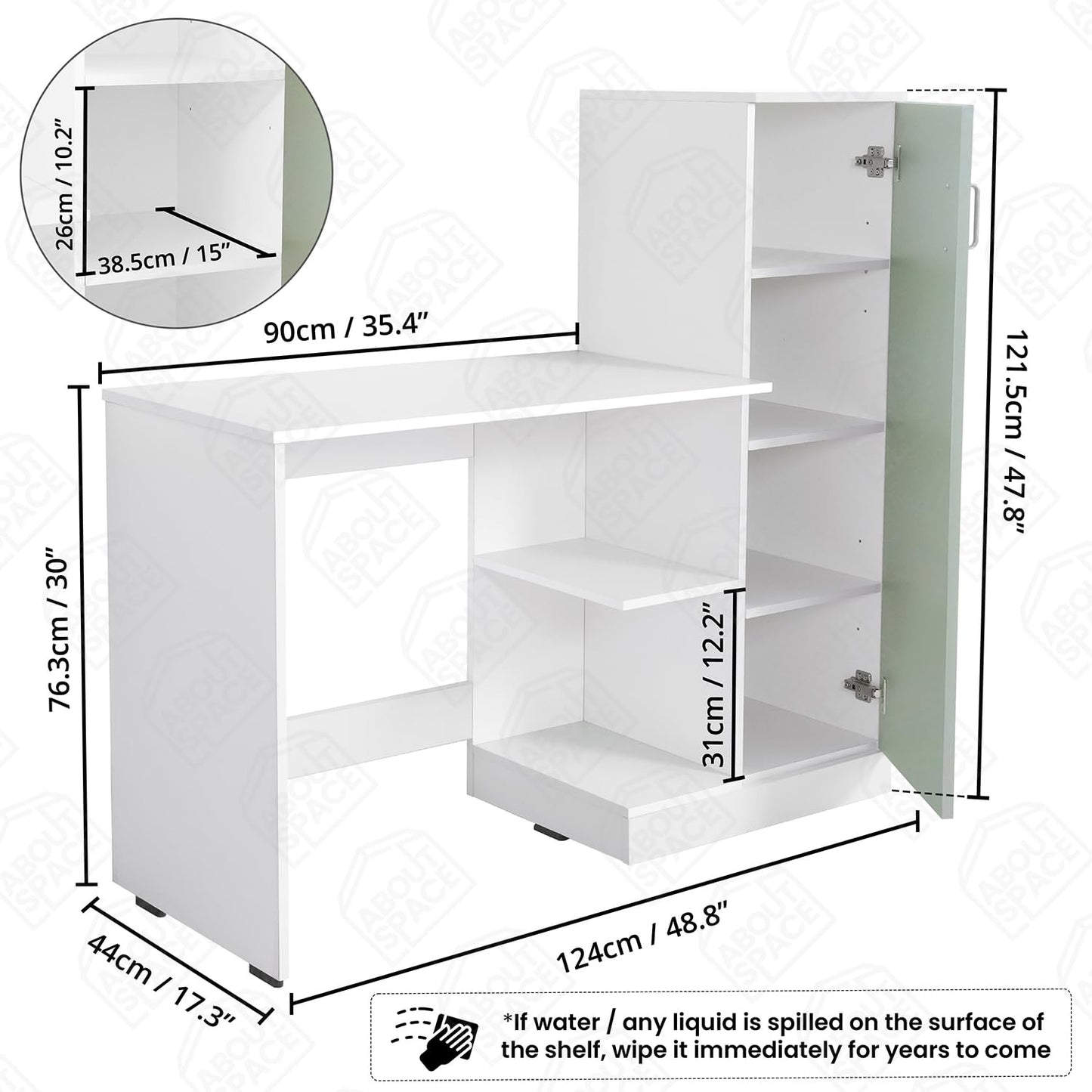 ABOUT SPACE Study Table with Cabinet - Computer Table with Bottom Storage Space DIY Engineered Wood Office Desk with Adjustable Shelves for PC Laptop Gaming (White, Green - L 125 x B 45 x H 121.5cm)