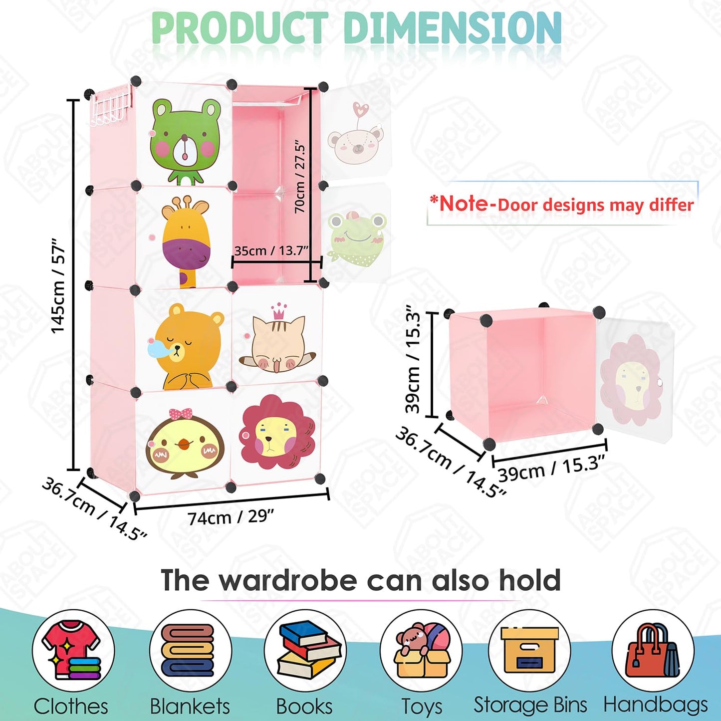ABOUT SPACE Kids Wardrobe - DIY 8 Cube Kids Almirah with Cartoon Door, Side Hanger, Cloth Hanger, Door Magnet & Hamer - Collapsible Baby Clothes Organizer| Storage for Baby Clothes Boys Girls - Pink