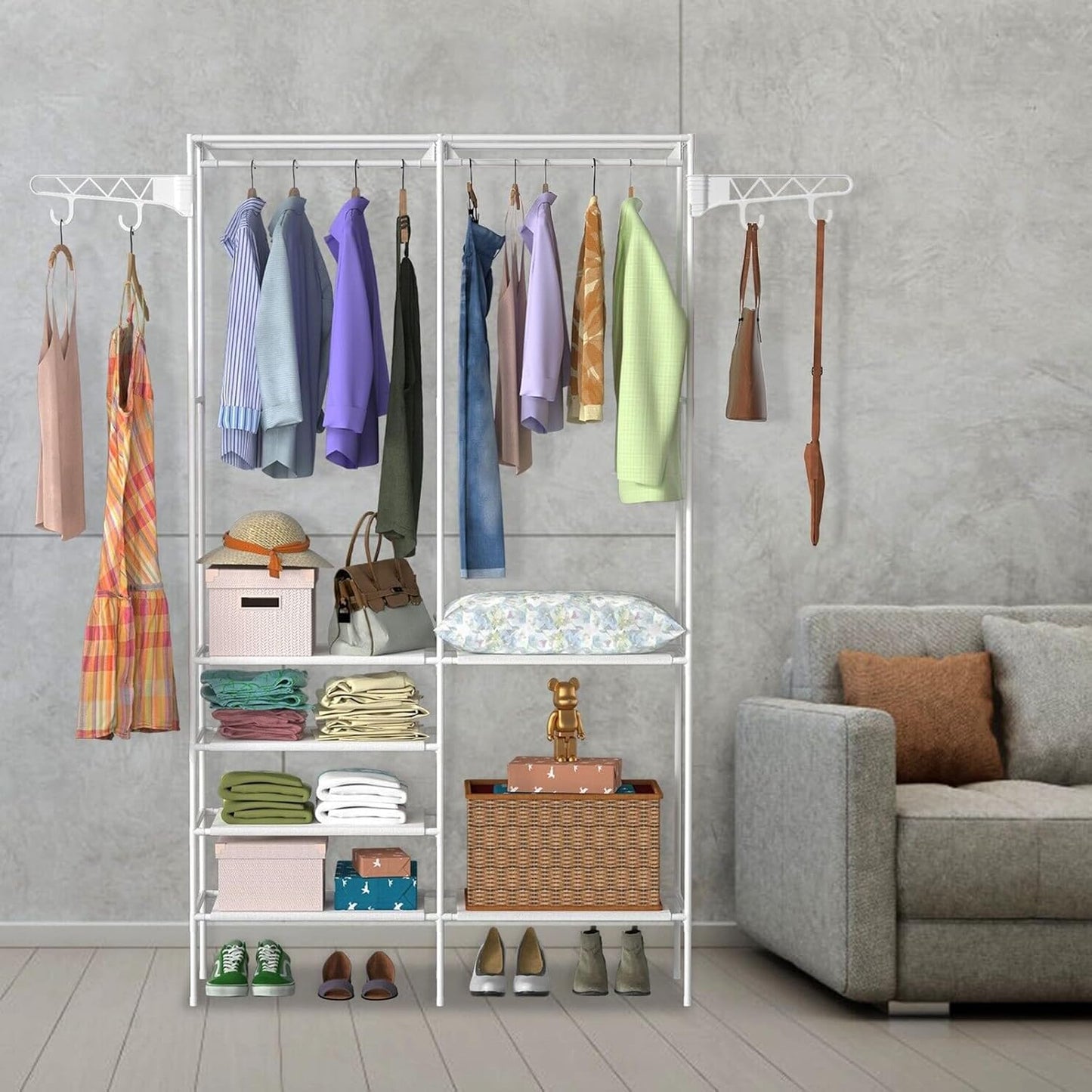 ABOUT SPACE Double Column Cloth Stand - Freestanding Metal Garment Rack with 6 Fabric Shelves & Side Hooks - Cloth Rack for Bedroom, Living Room, Walkin Closet (White L 108 x B 35 x H 176 cm)