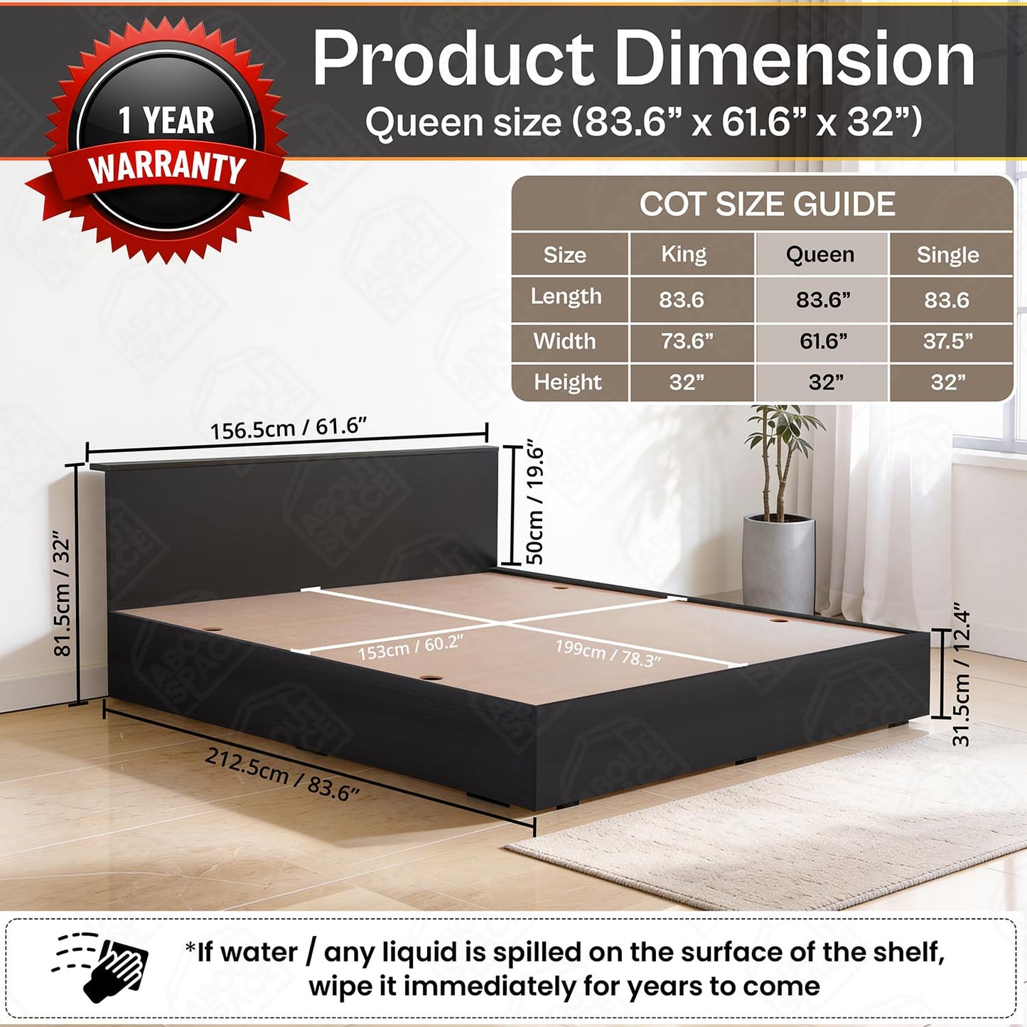 ABOUT SPACE Bed - (84 x 62 inches) Queen Size Bed with Storage Box & Headboard| Floor Standing Engineered Wooden Bed Frame, MDF Base Panel | 1-Year Warranty Cot for Bedroom - Smoked Pine
