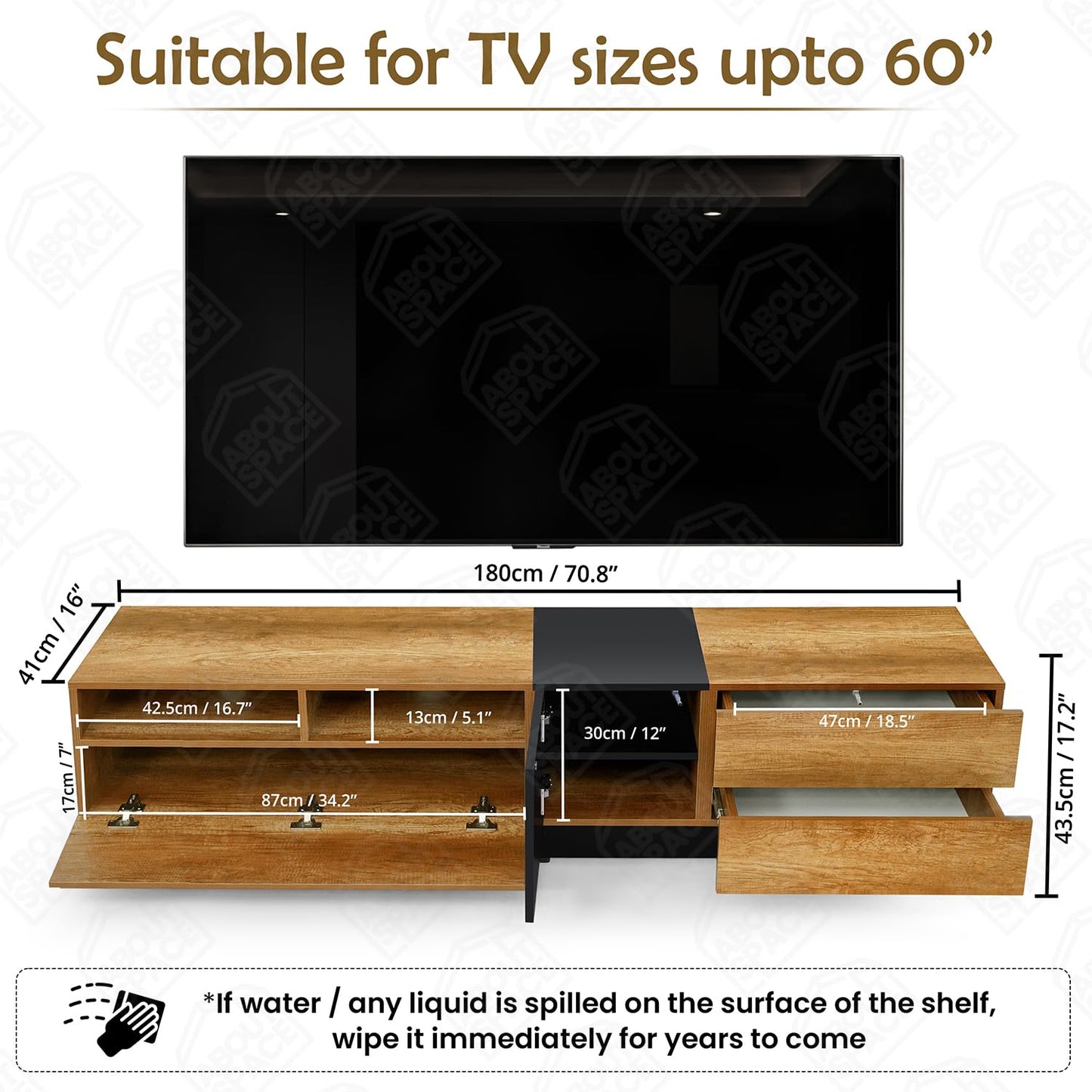 ABOUT SPACE TV Unit - Engineered Wooden TV Stand Table Cabinet with Drop Down Doors & 2 tier closed Compartment Cable Hole for WiFi Router Stand for Living Room (CM Oak& Black- L180 x B40.5 x H43.5cm)