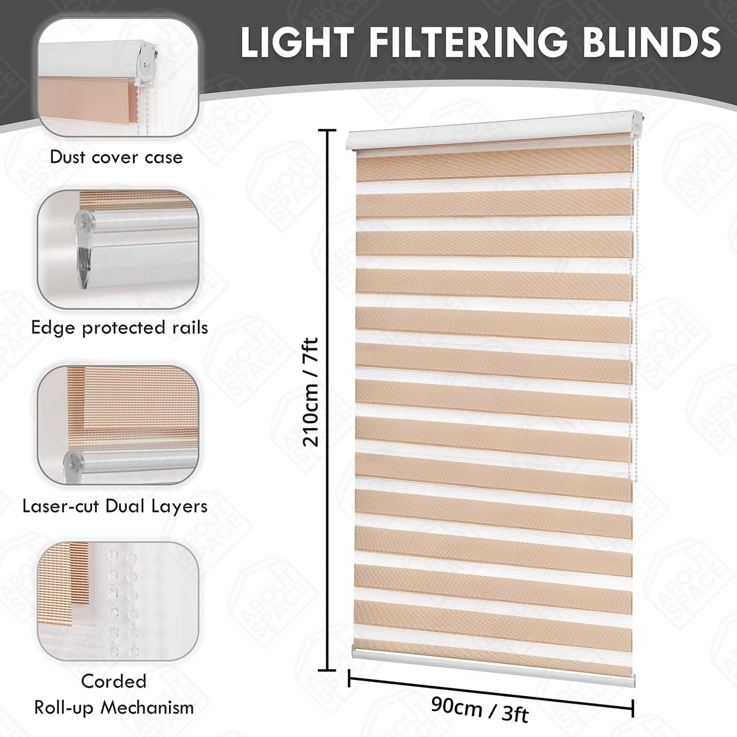 ABOUT SPACE Window Blinds - 3 x 7 ft Zebra Roller Blinds for Windows for Light Filtering, Privacy, UV Protection Corded Roll Up Curtain Window Shades for Home, Office, Living Room Kitchen