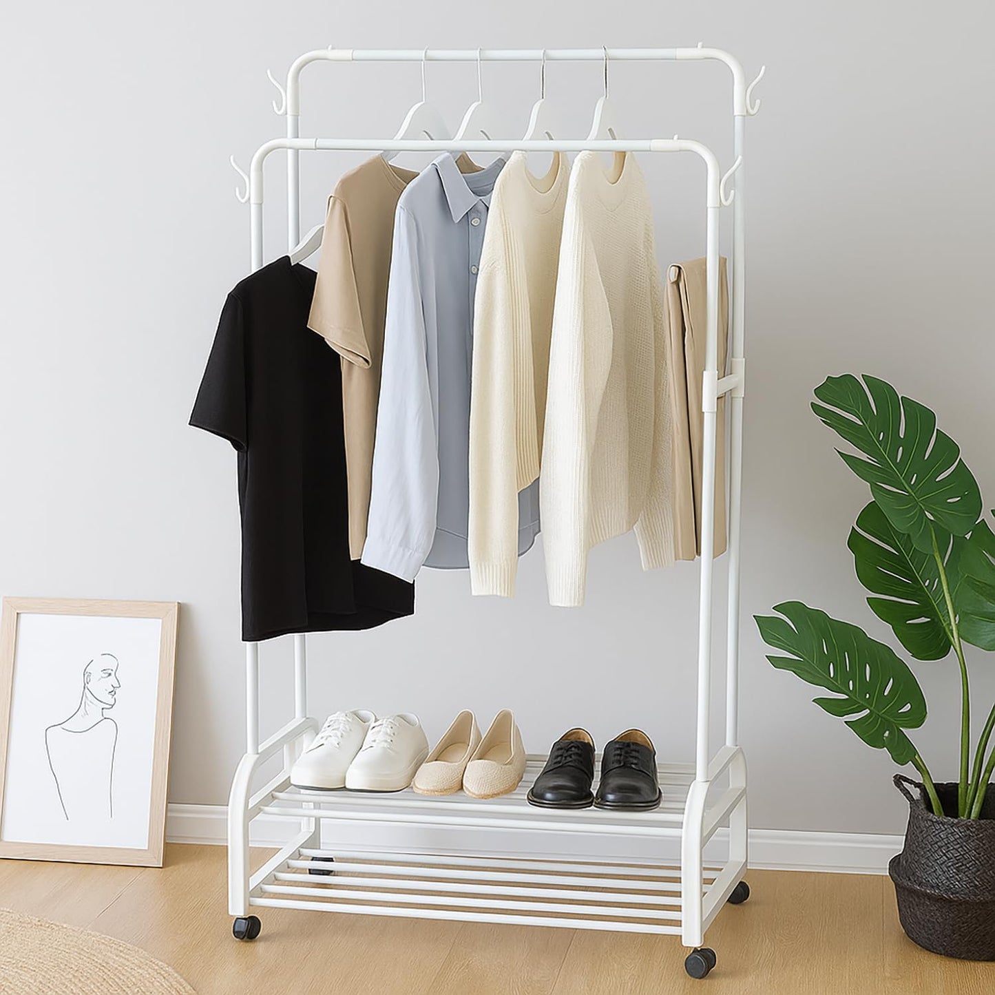 ABOUT SPACE Double Pole Double Bar Cloth Stand - Freestanding Metal Garment Rack with Caster Wheels, 2 Bottom Storage & Side Hooks - Cloth Rack for Bedroom, Living Room (White L 103 x B 51 x H 183 cm)