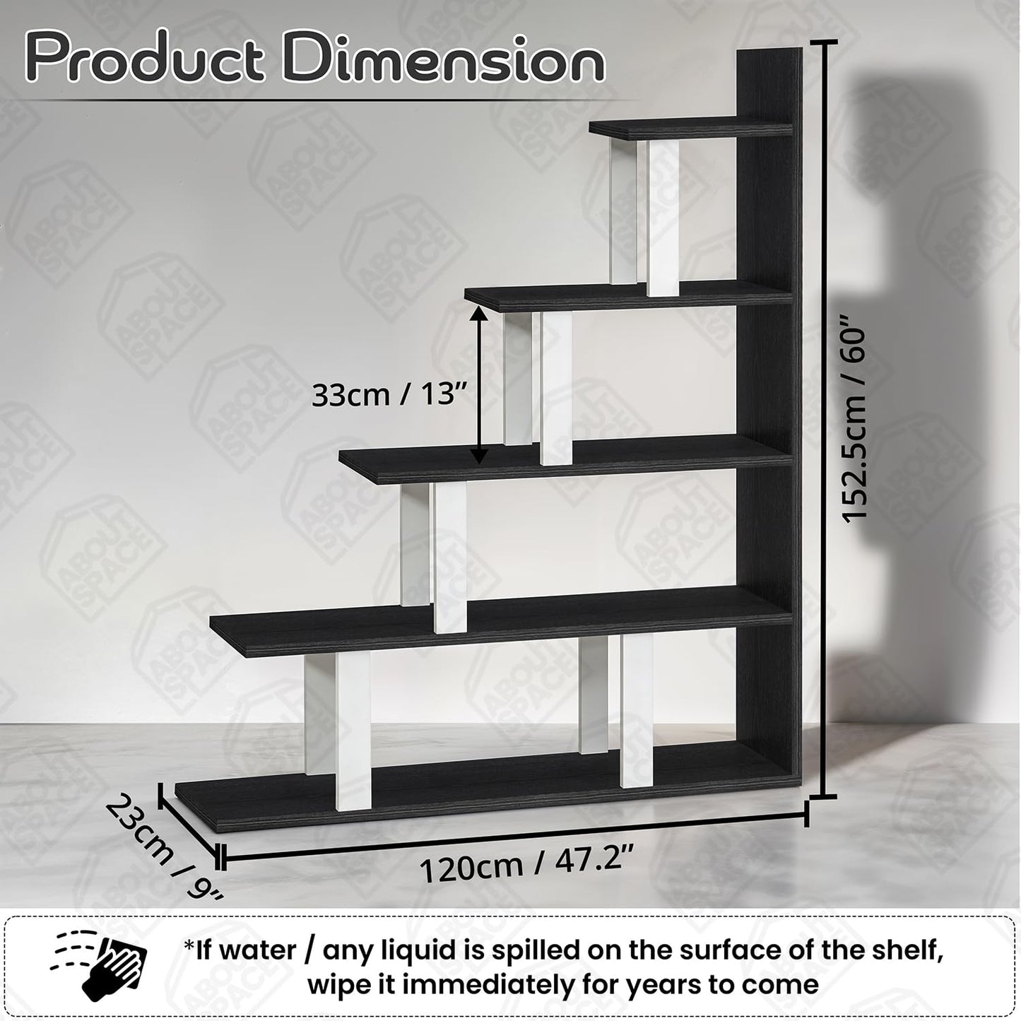 ABOUT SPACE Book Shelf - 5 Tier L-Shaped Unique Step Pattern Book Stand for Home Library, Office Engineered Wood Unit for Bedroom, Living Room (L 100 x B 25 x H 151.5 cm - White & Black Mahogany)