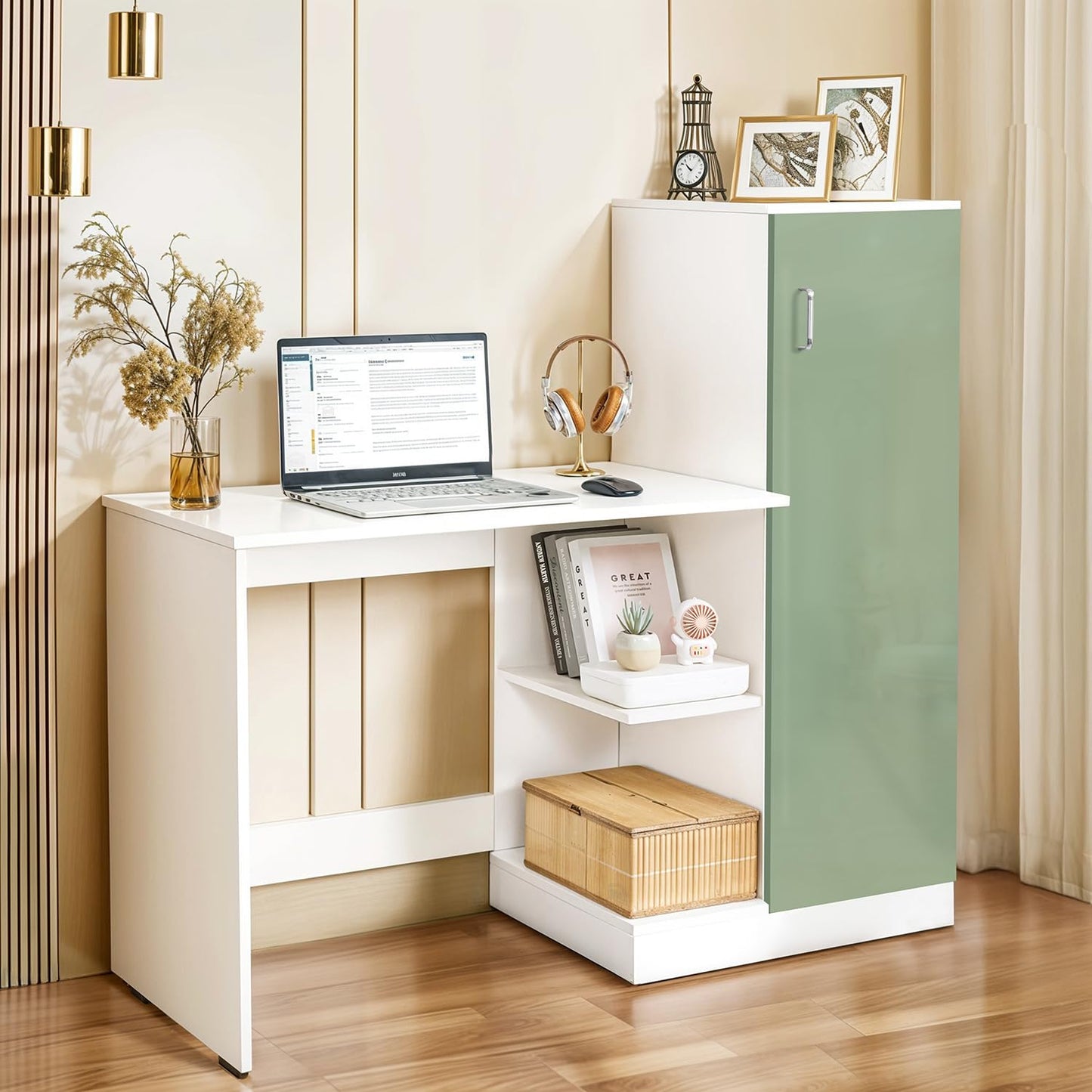 ABOUT SPACE Study Table with Cabinet - Computer Table with Bottom Storage Space DIY Engineered Wood Office Desk with Adjustable Shelves for PC Laptop Gaming (White, Green - L 125 x B 45 x H 121.5cm)