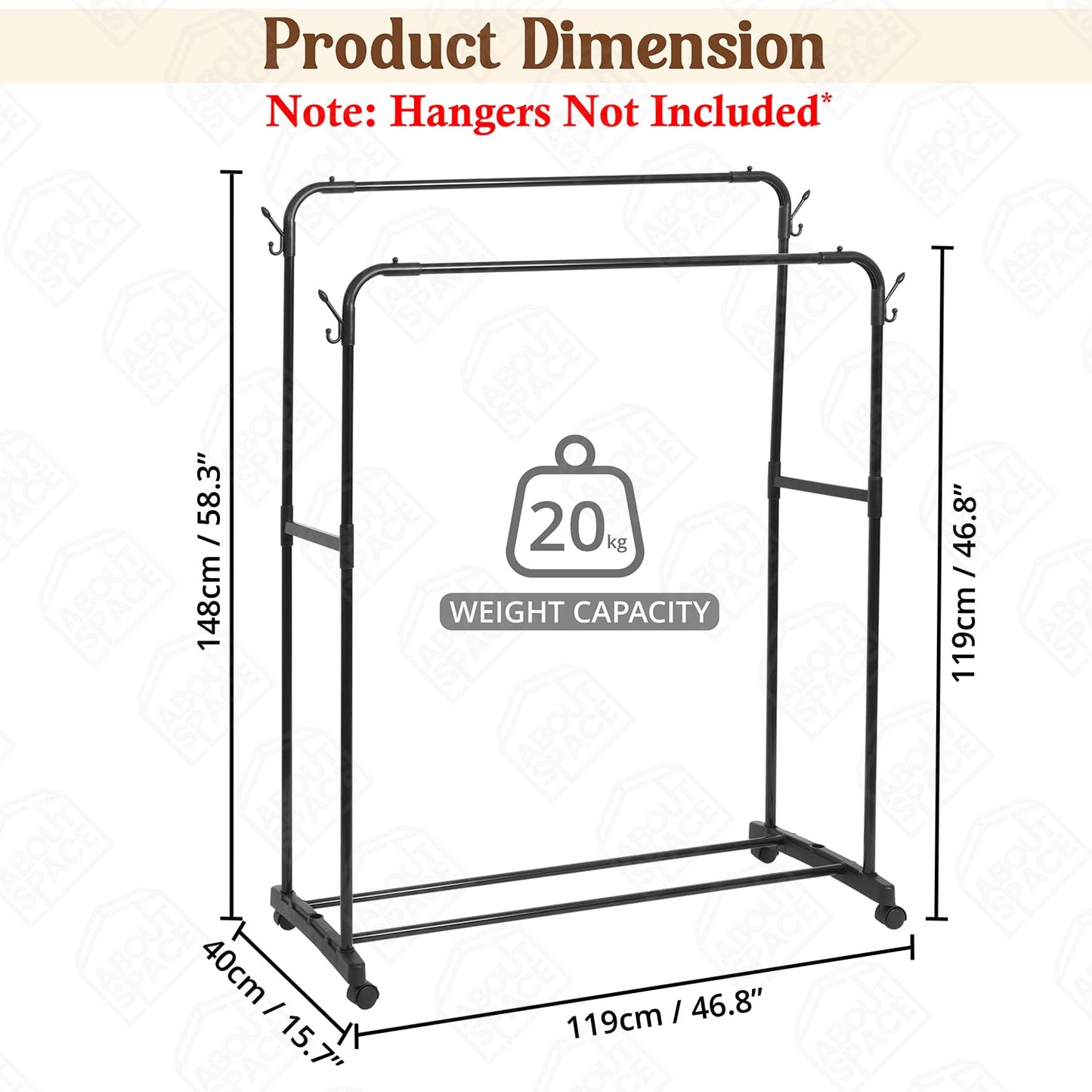 ABOUT SPACE Double Pole 2 Layer Bars Cloth Stand - Freestanding Metal Garment Rack with Bottom Storage, Side Hooks & Caster Wheels - Cloth Rack for Bedroom Living Room (Black L119 x B40 x H 148cm)