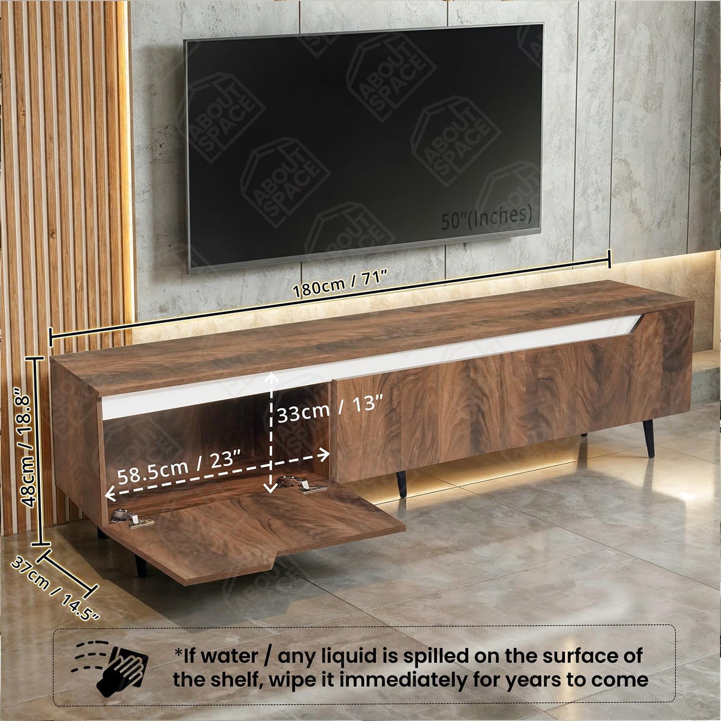 ABOUT SPACE TV Unit - Engineered Wooden TV Stand Table Cabinet with Drop Down Doors, Cable Hole for Set Top Box WiFi Router Stand for Living Room, Bedroom (White & Walnut- L 180 x B 37 x H 48 cm)