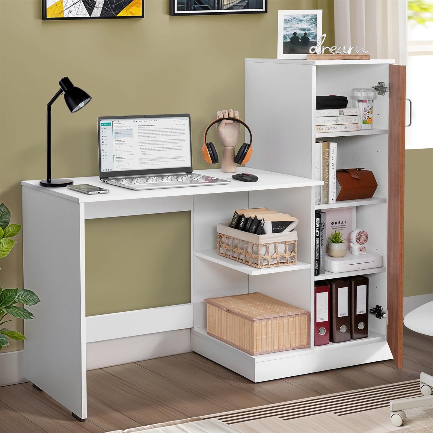 ABOUT SPACE Study Table with Cabinet - Computer Table with Bottom Storage Space DIY Engineered Wood Office Desk with Adjustable Shelves for PC Laptop Gaming (White, Oak Red - L 125 x B 45 x H 121.5cm)